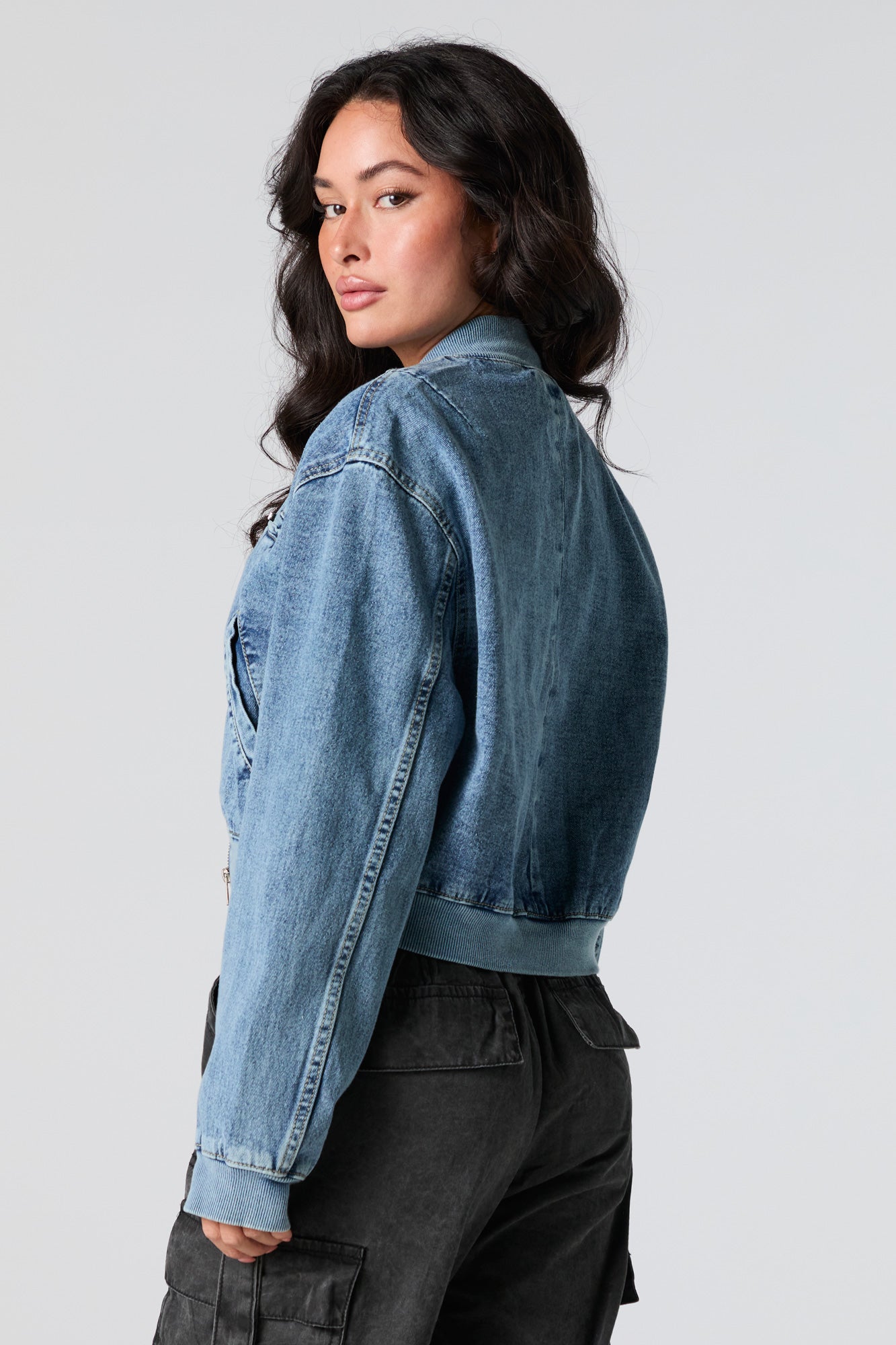 Denim Cropped Bomber Jacket