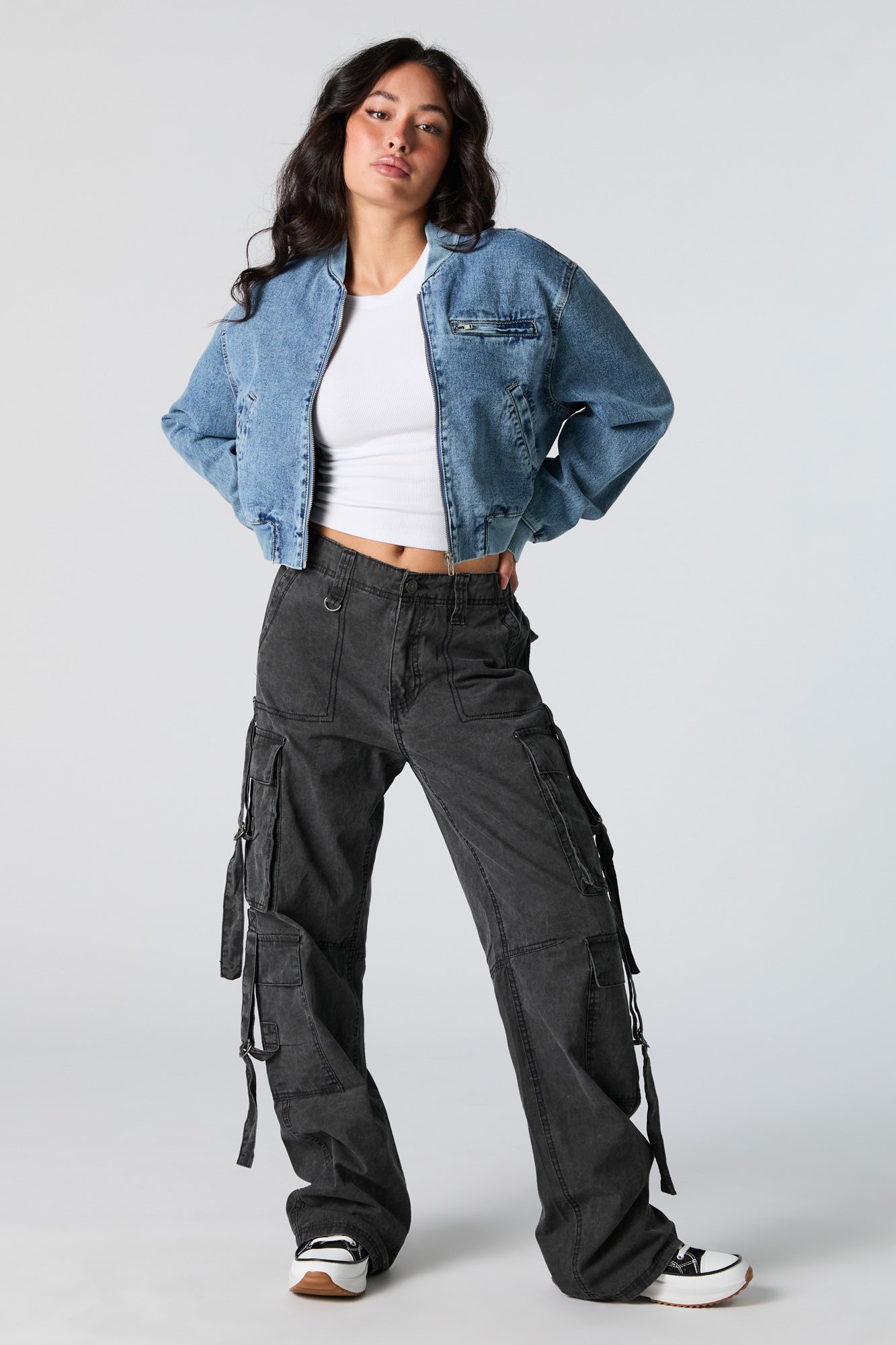 Denim Cropped Bomber Jacket