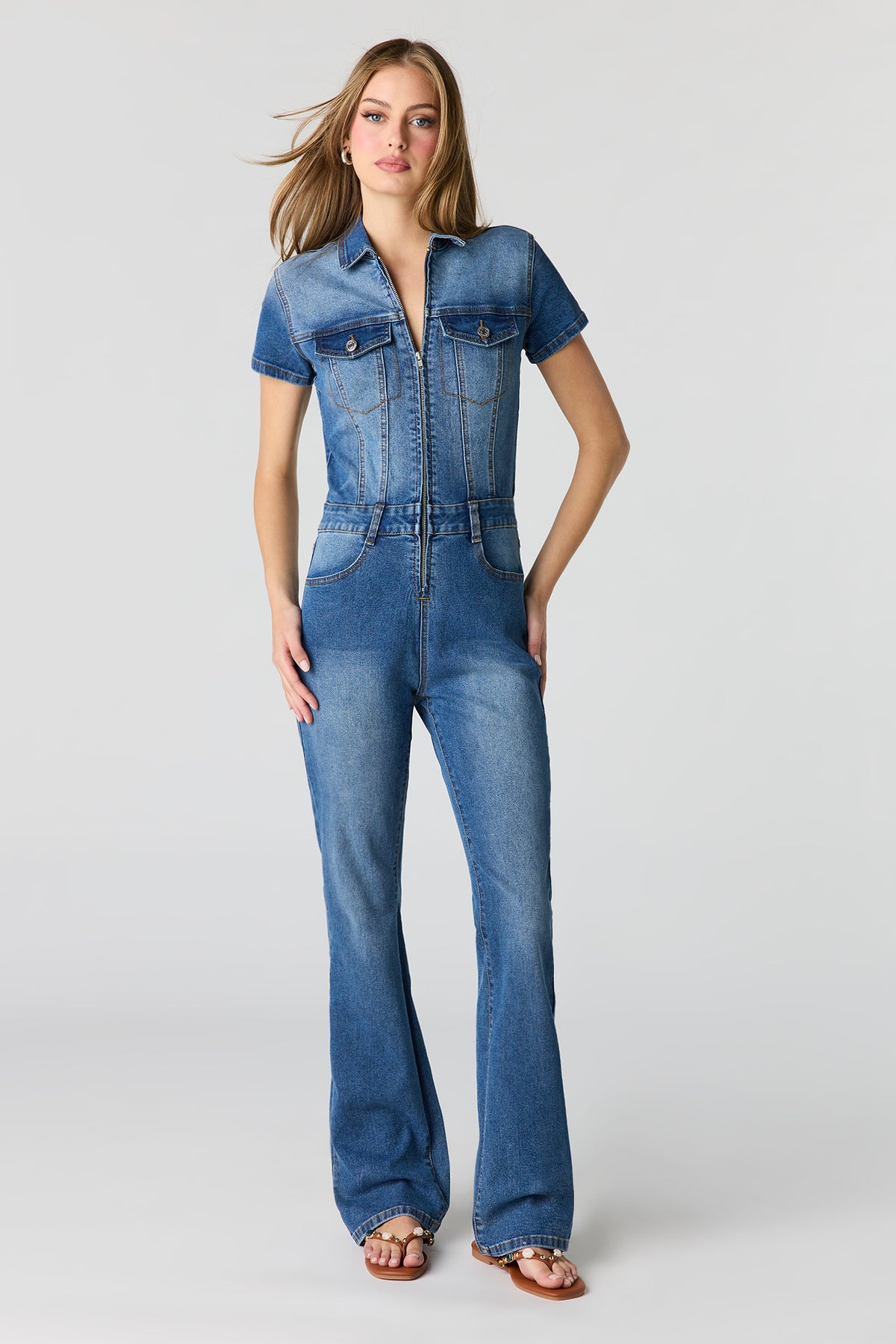 Stretch Denim Short Sleeve Jumpsuit - Denim Blue