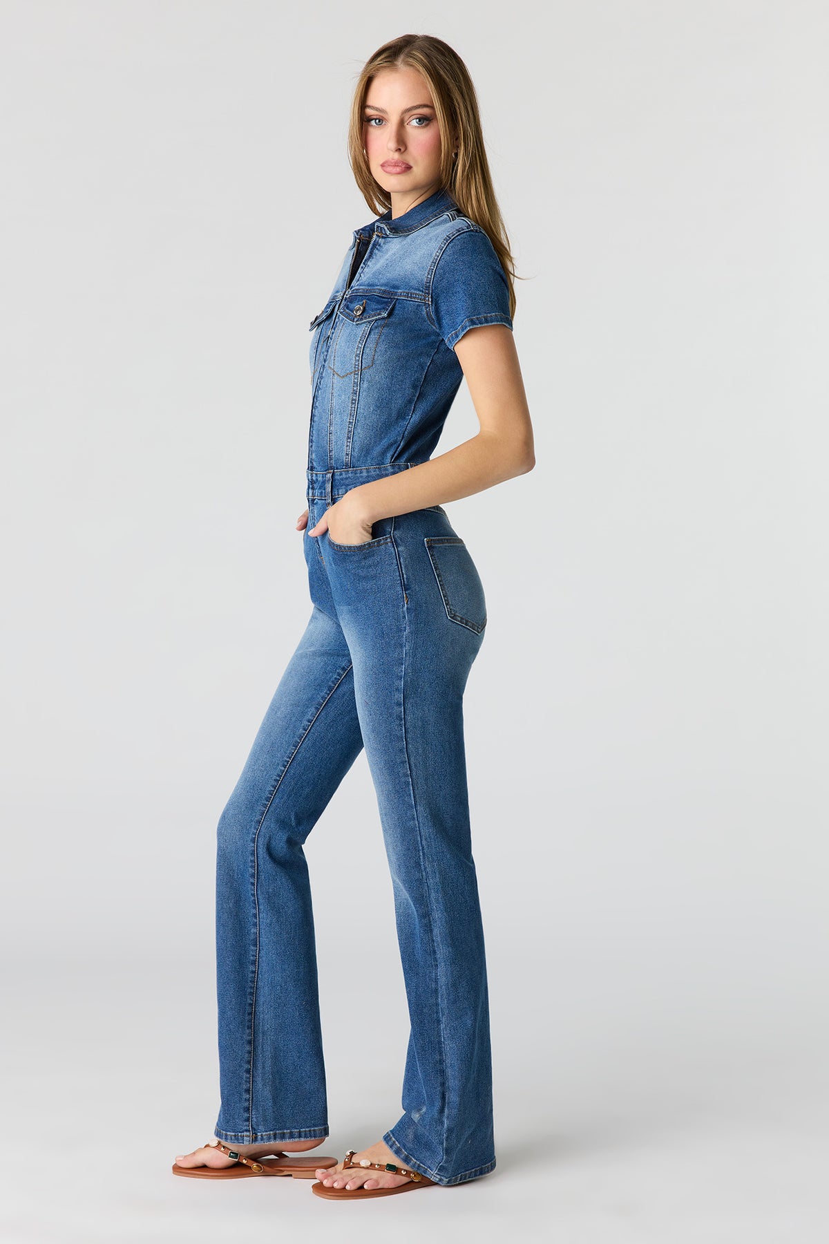 Alt View 2. Stretch Denim Short Sleeve Jumpsuit - Denim Blue