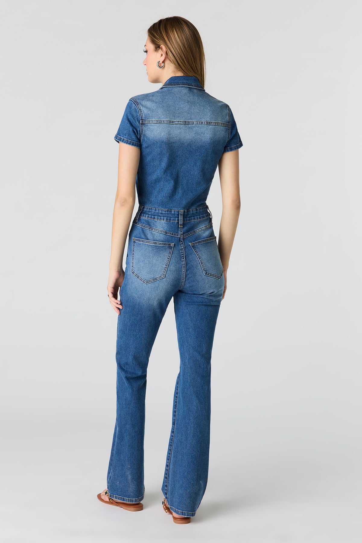 Alt View 3. Stretch Denim Short Sleeve Jumpsuit - Denim Blue