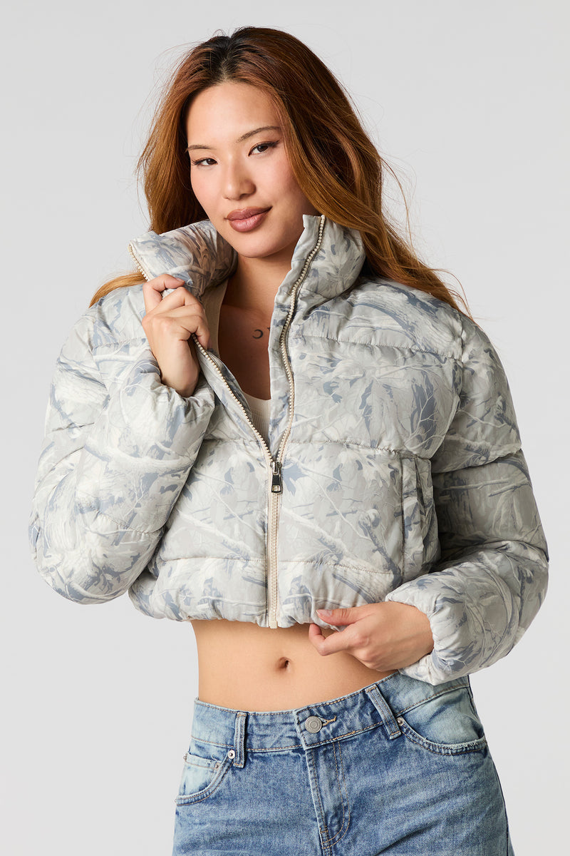 Camo Printed Cropped Puffer Jacket