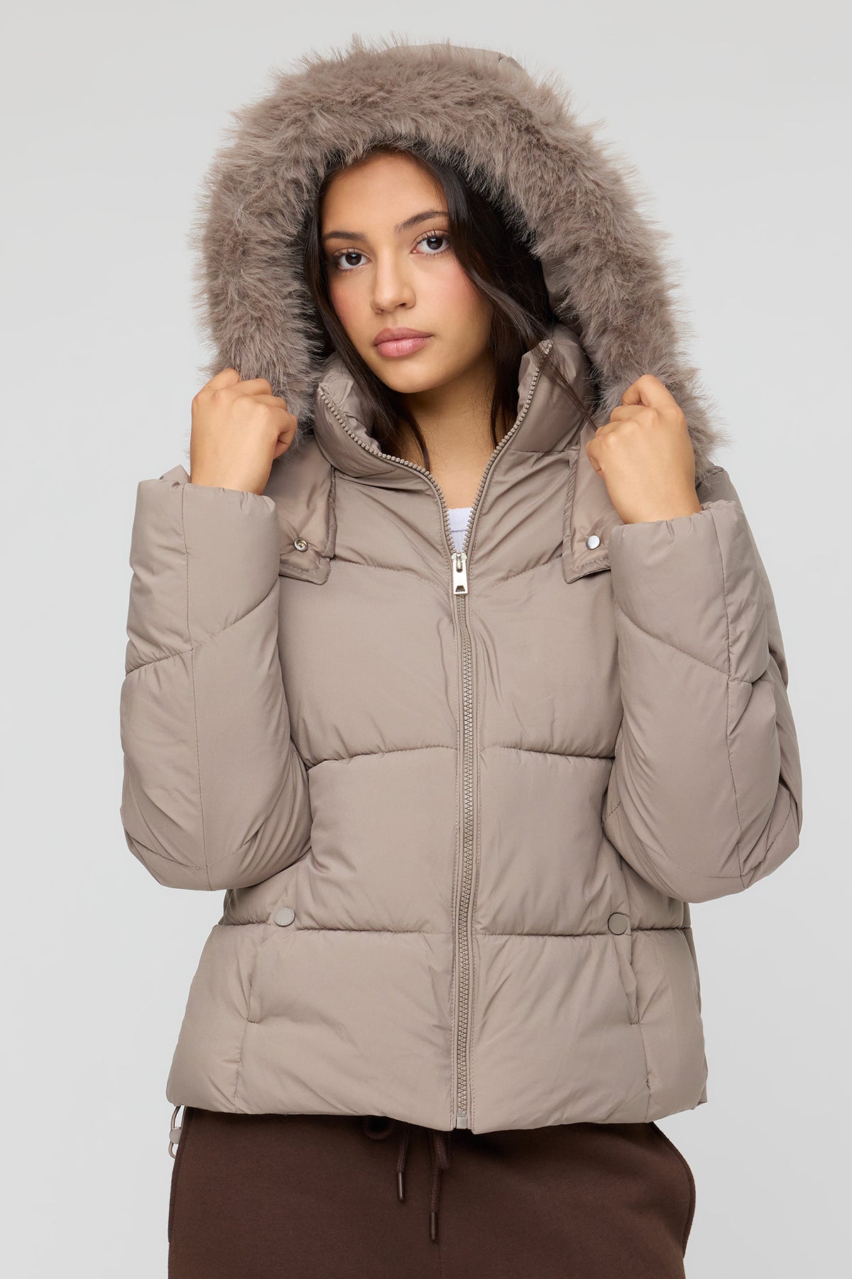 Faux Fur Hooded Puffer Jacket - Taupe
