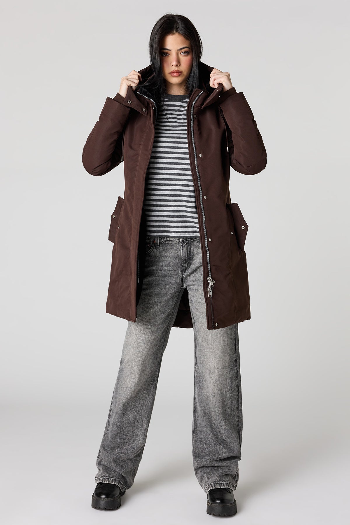 Faux Fur Trim Parka - Brown