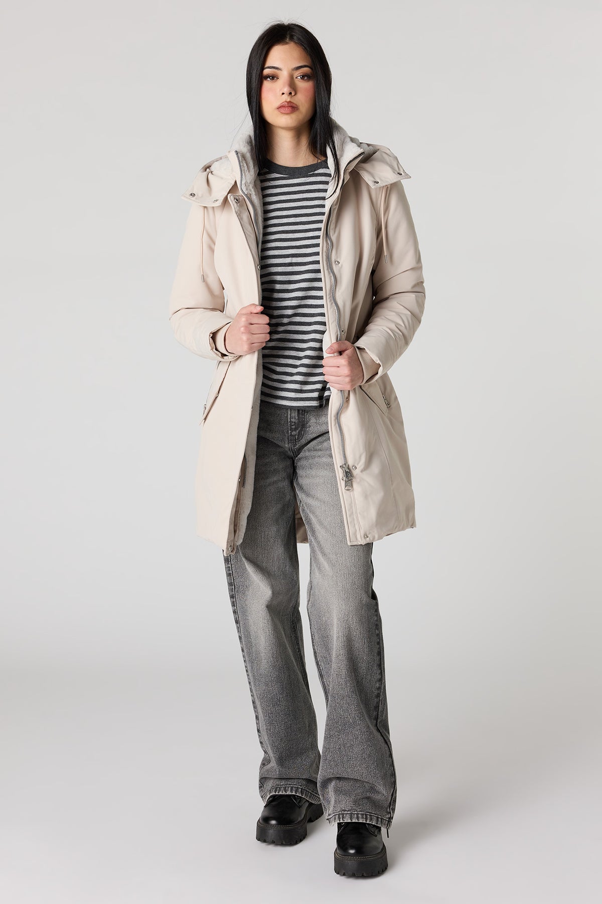 Faux Fur Trim Parka - Tan