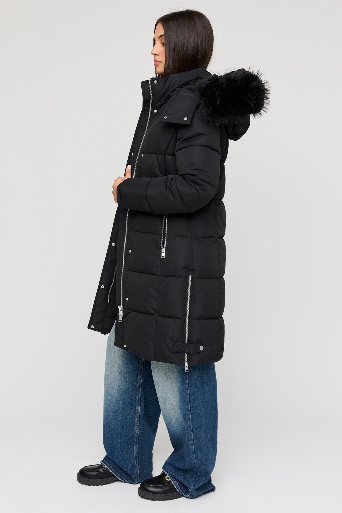 Vue alternative 2. Blouson midi bouffant City avec liséré de similifourrure