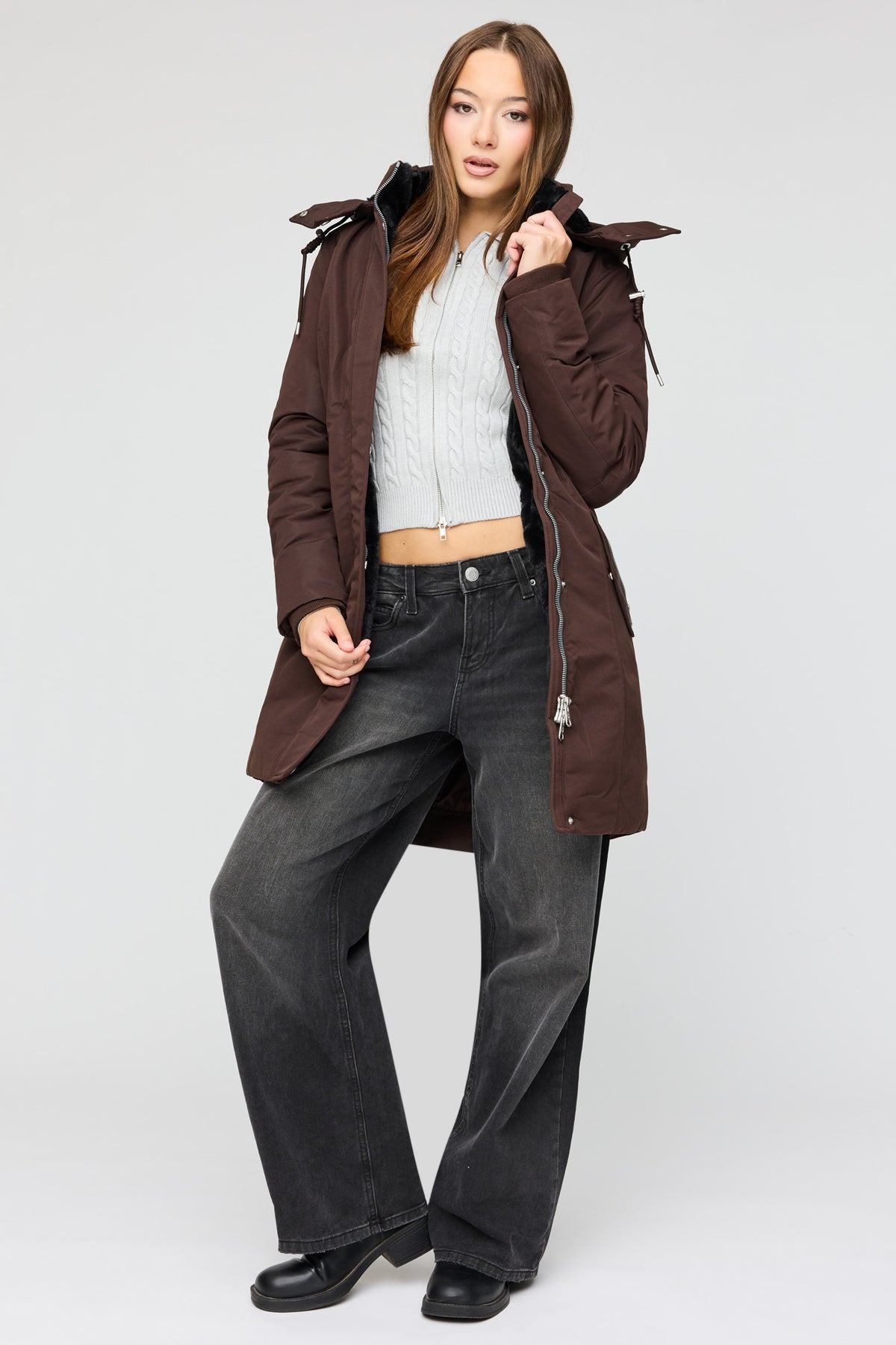 Parka midi doublé de similifourrure