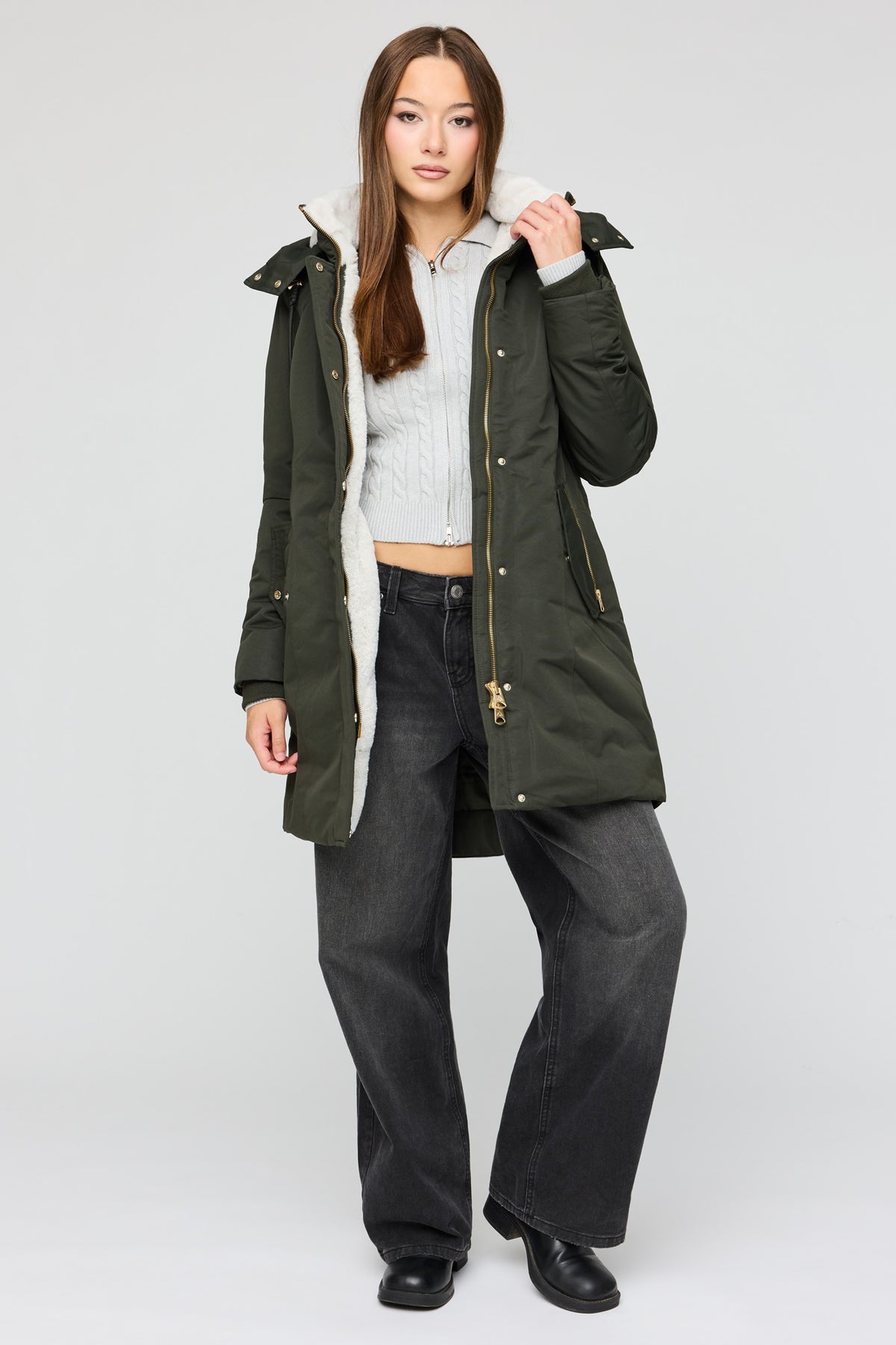 Parka midi doublé de similifourrure