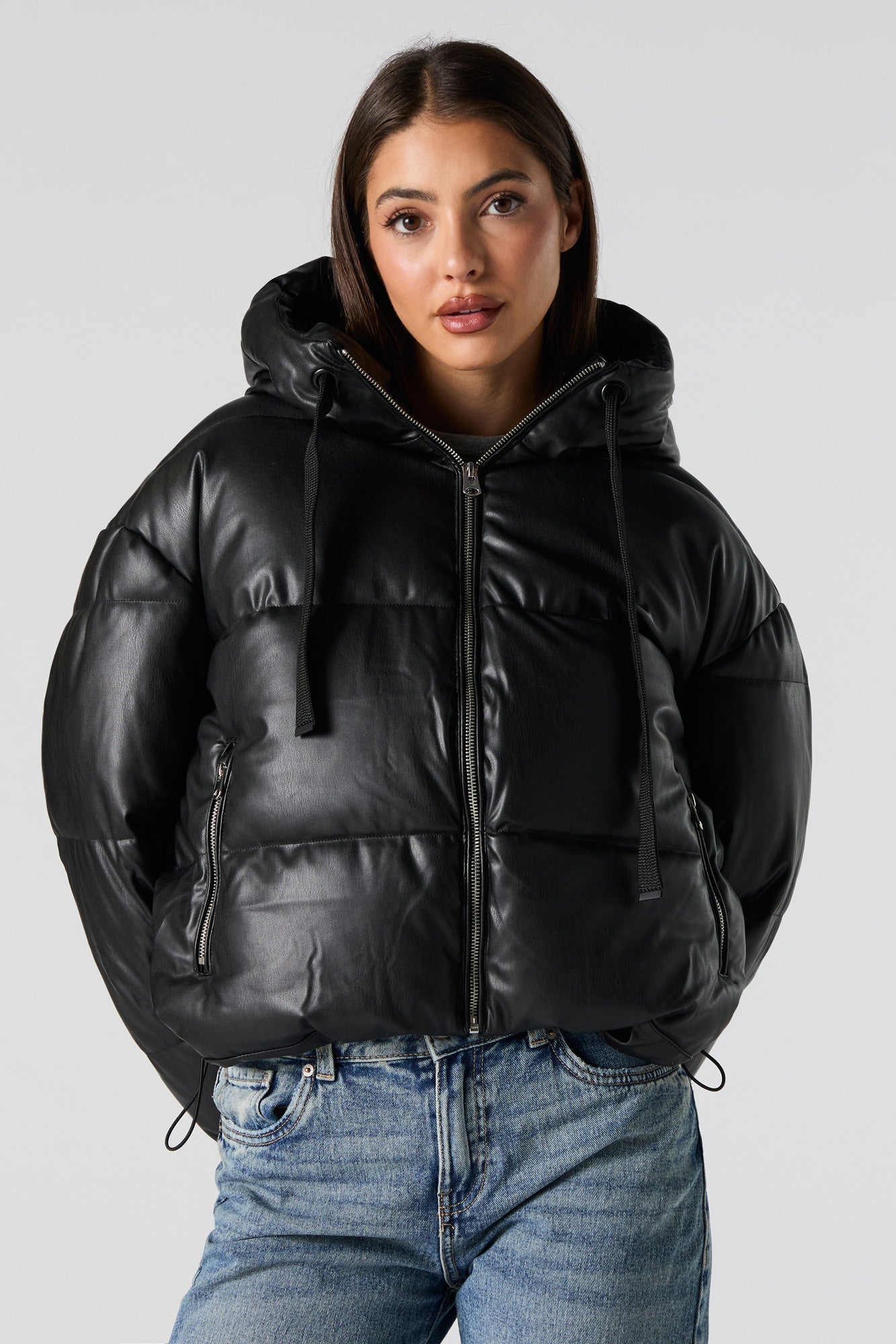 Faux Leather Hooded Puffer Jacket