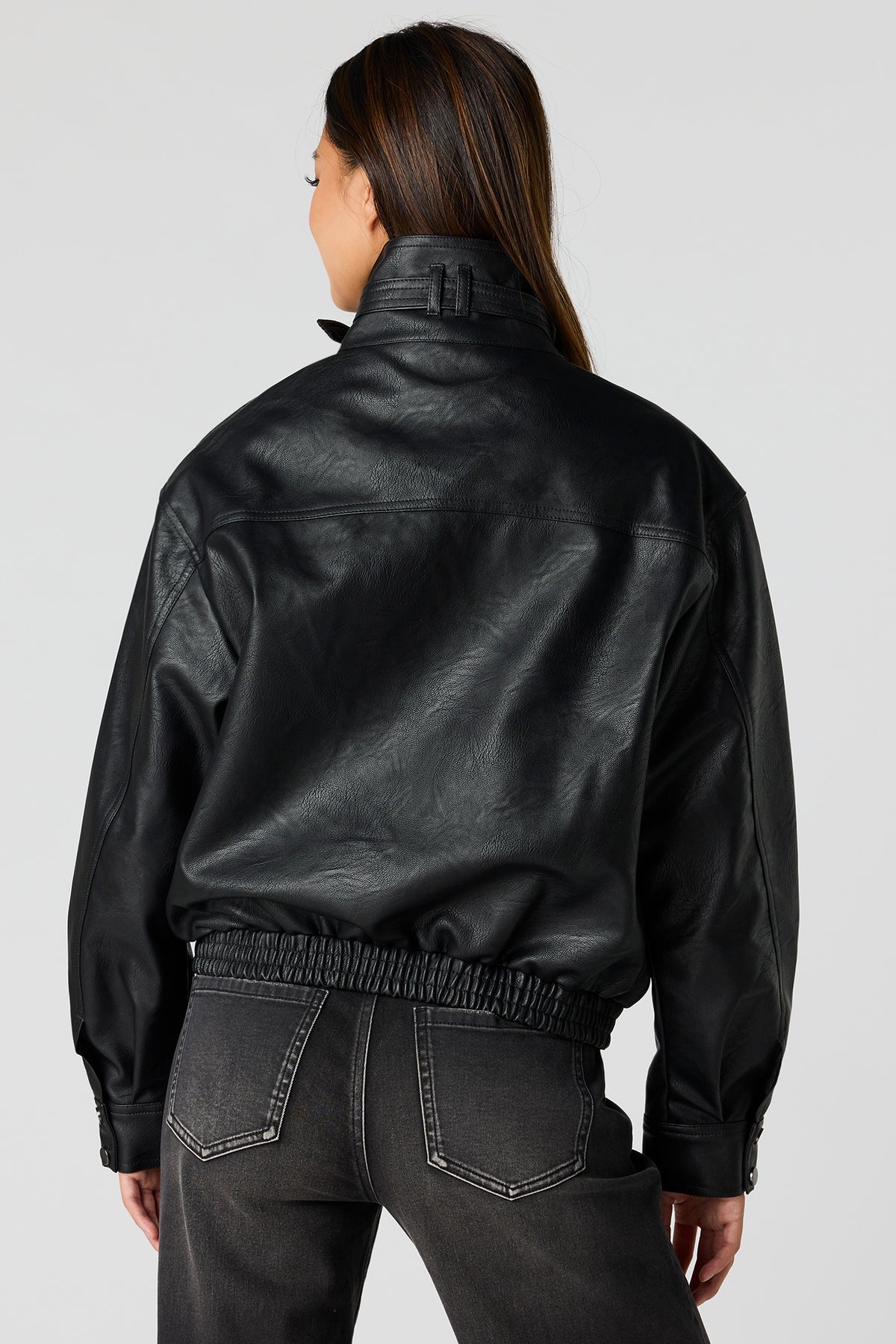 Alt View 2. Faux-Leather Bomber Jacket - Black