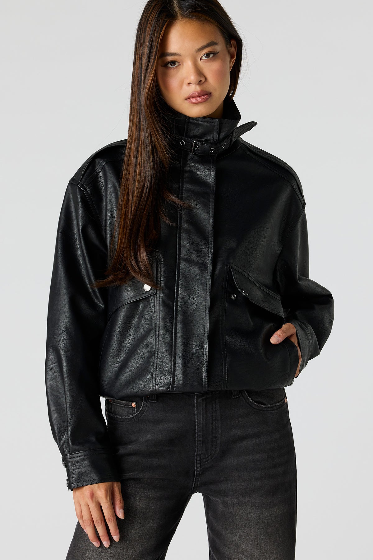 Alt View 5. Faux-Leather Bomber Jacket - Black
