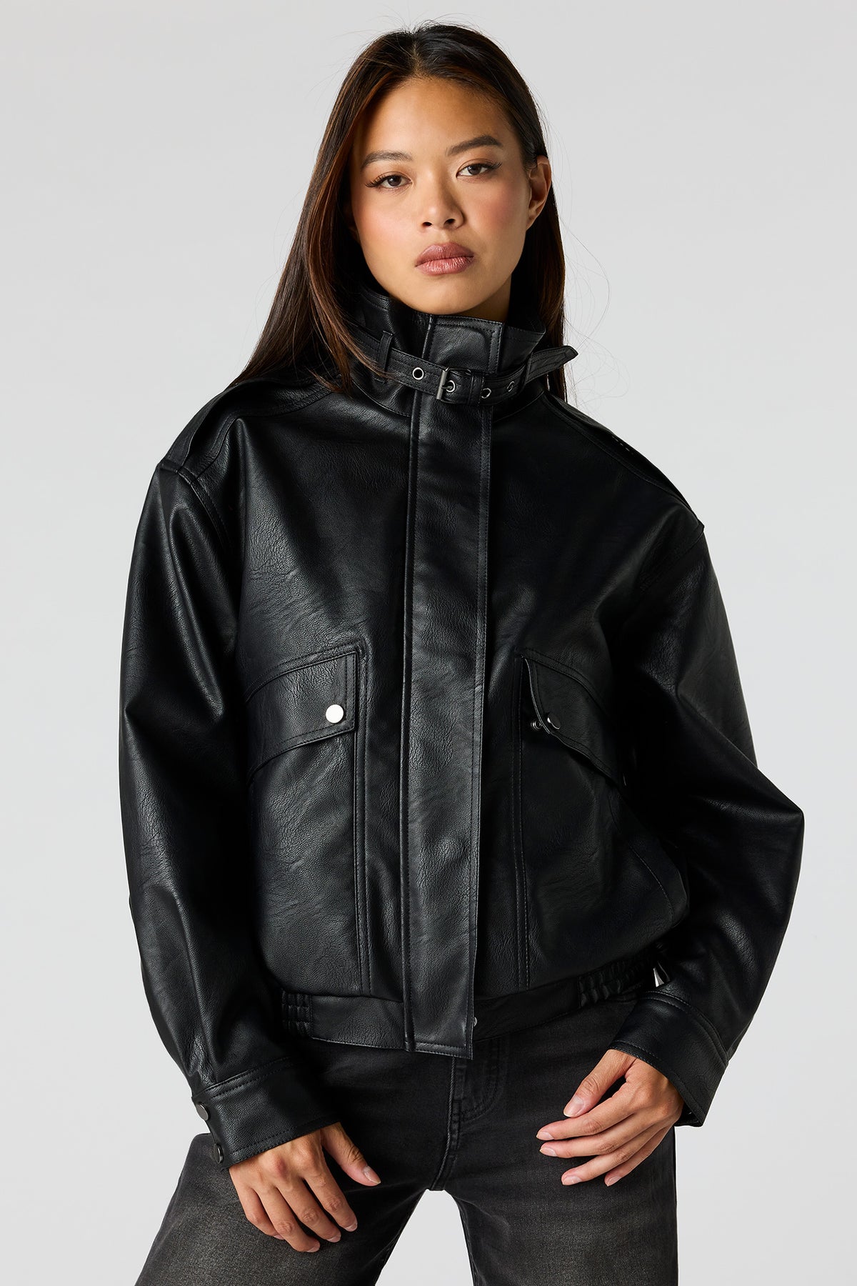 Faux-Leather Bomber Jacket - Black