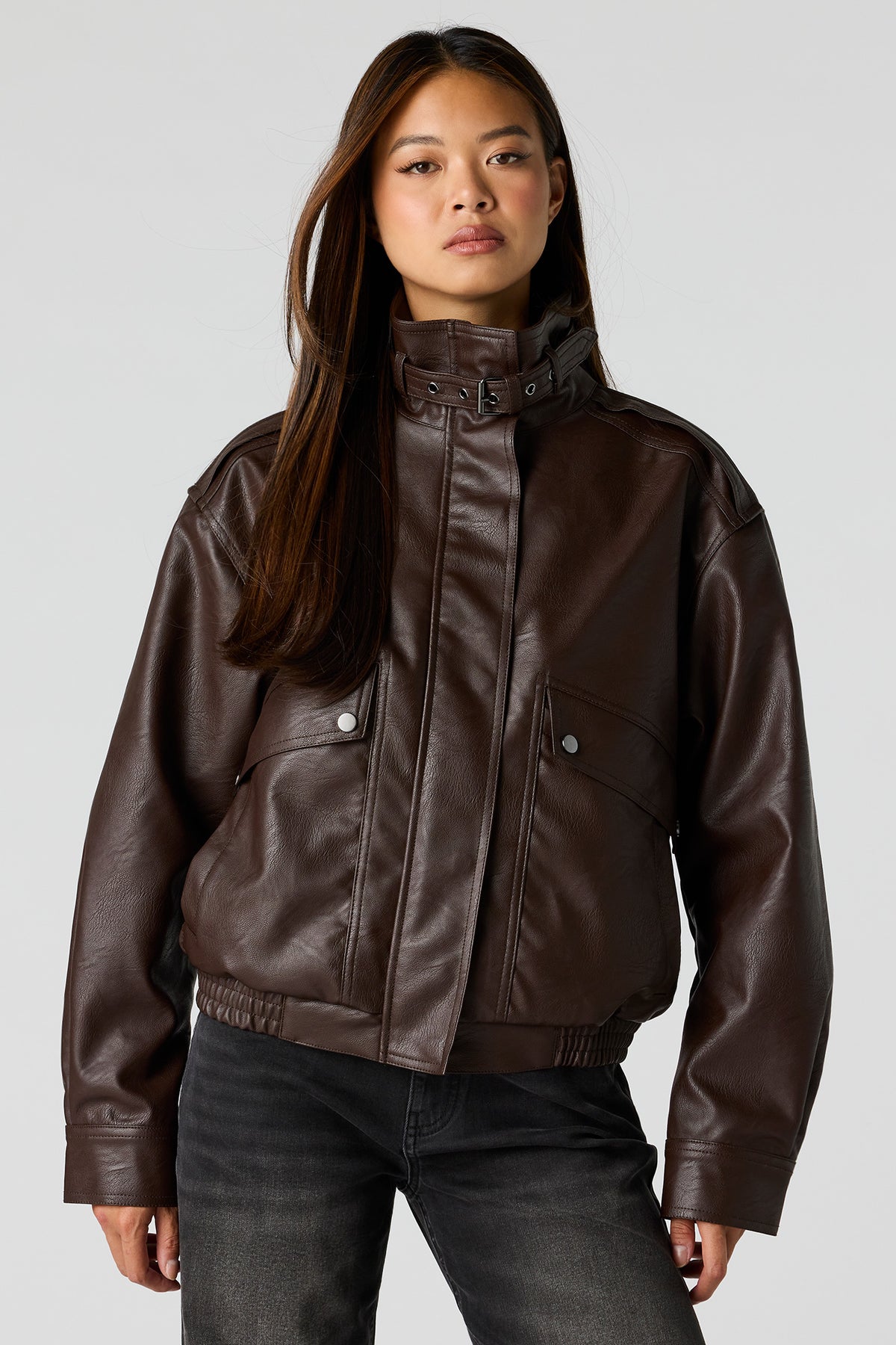 Alt View 13. Faux-Leather Bomber Jacket - Dark Green