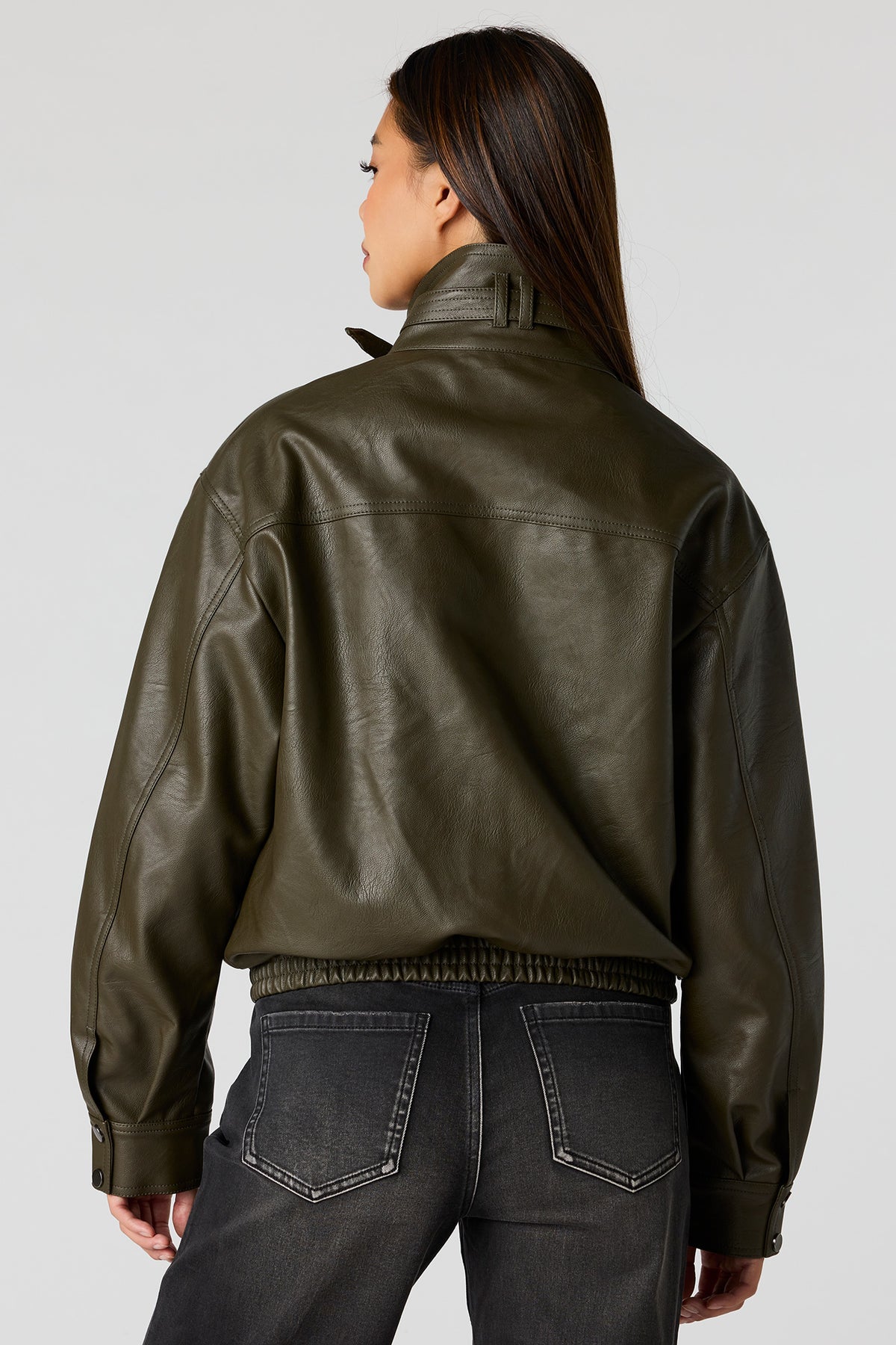 Alt View 2. Faux-Leather Bomber Jacket - Dark Green