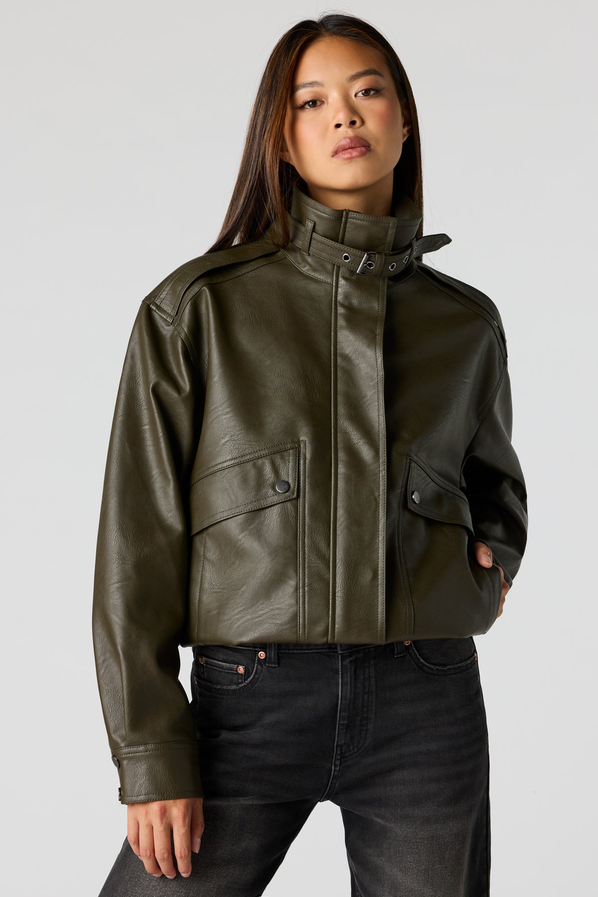 Alt View 4. Faux-Leather Bomber Jacket - Dark Green