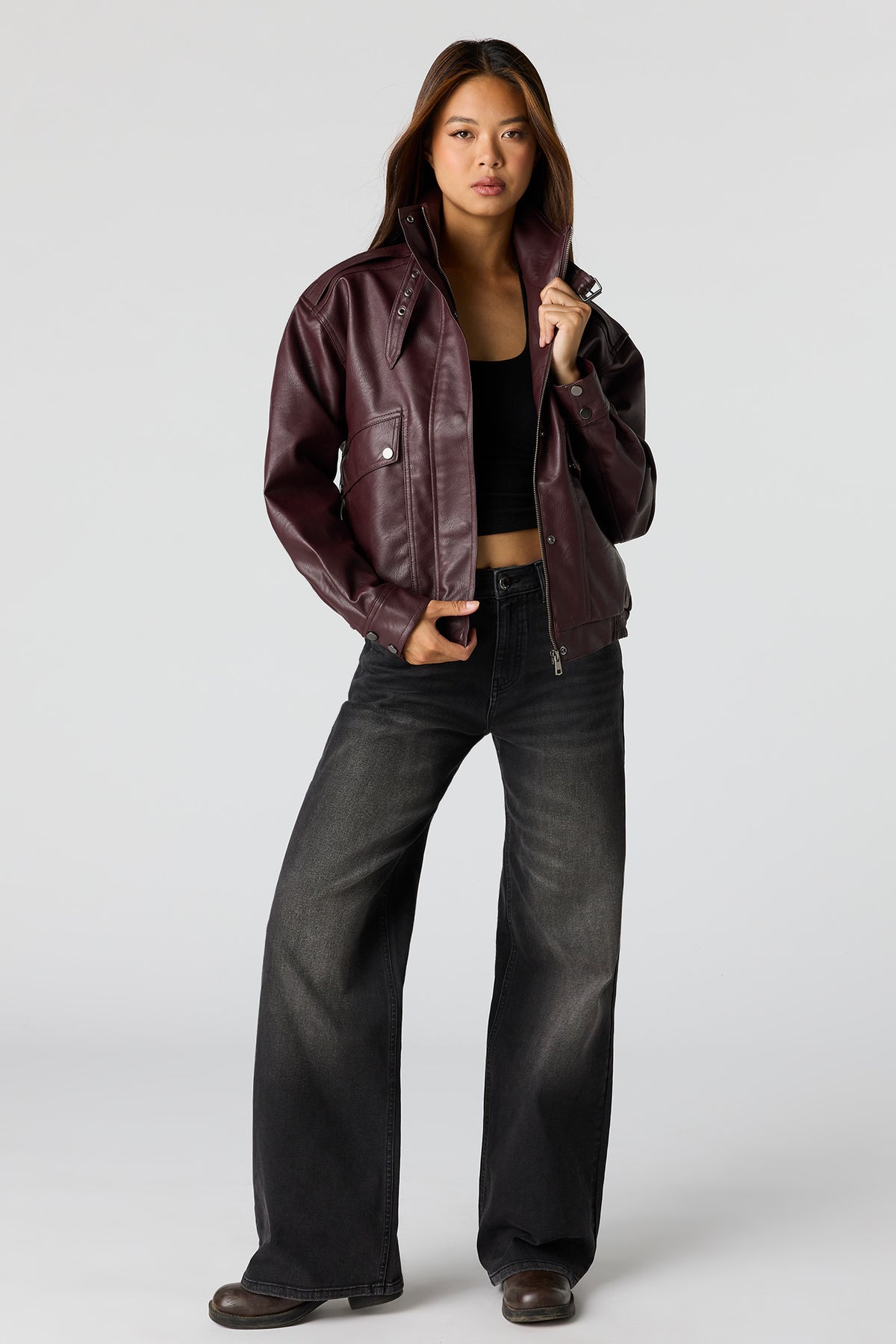 Alt View 16. Faux-Leather Bomber Jacket - Dark Green