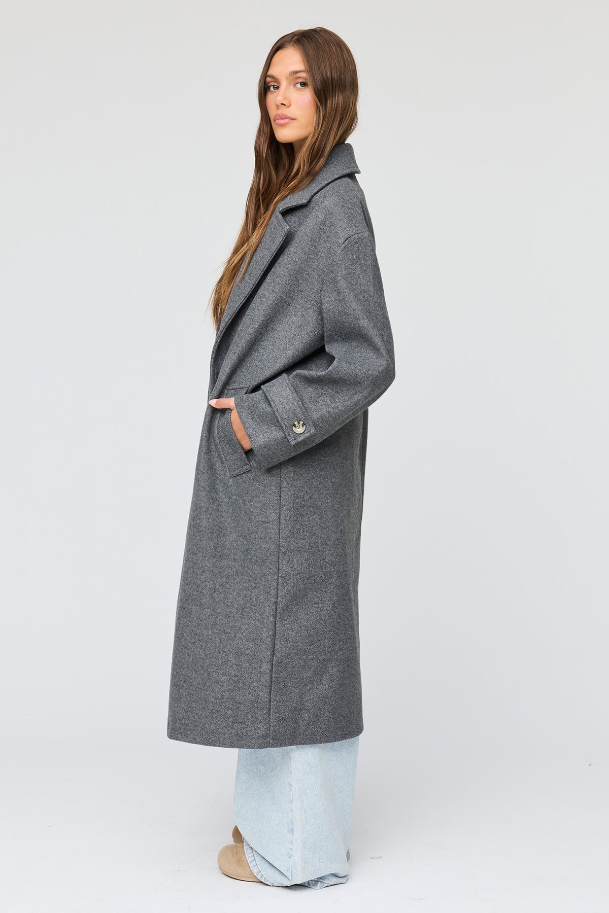 Alt View 3. Double Breasted Midi Coat - Dark Grey