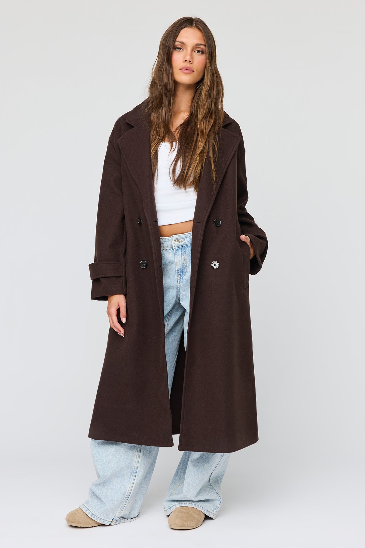 Double Breasted Midi Coat - Brown