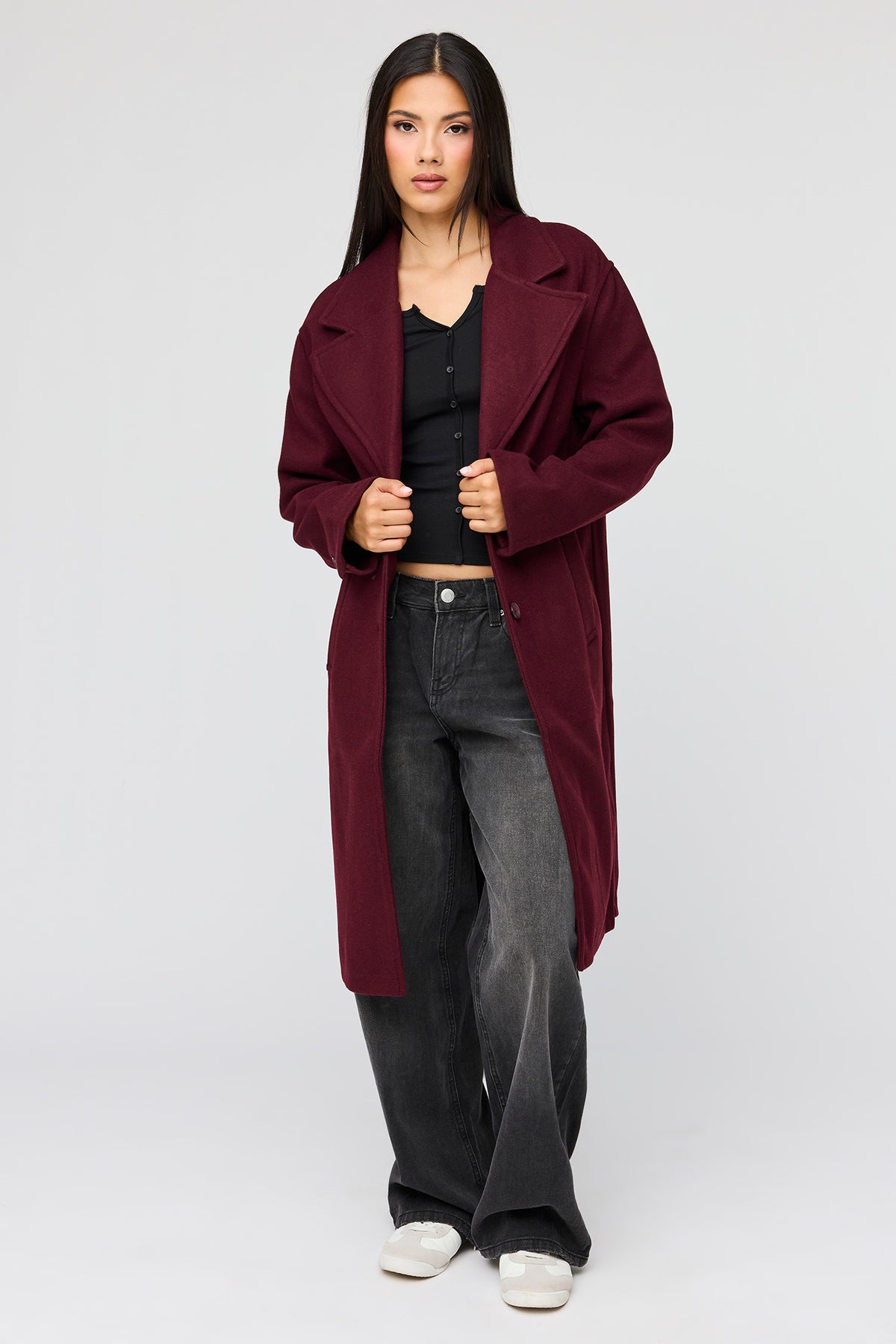 Faux Wool Coat - Burgundy