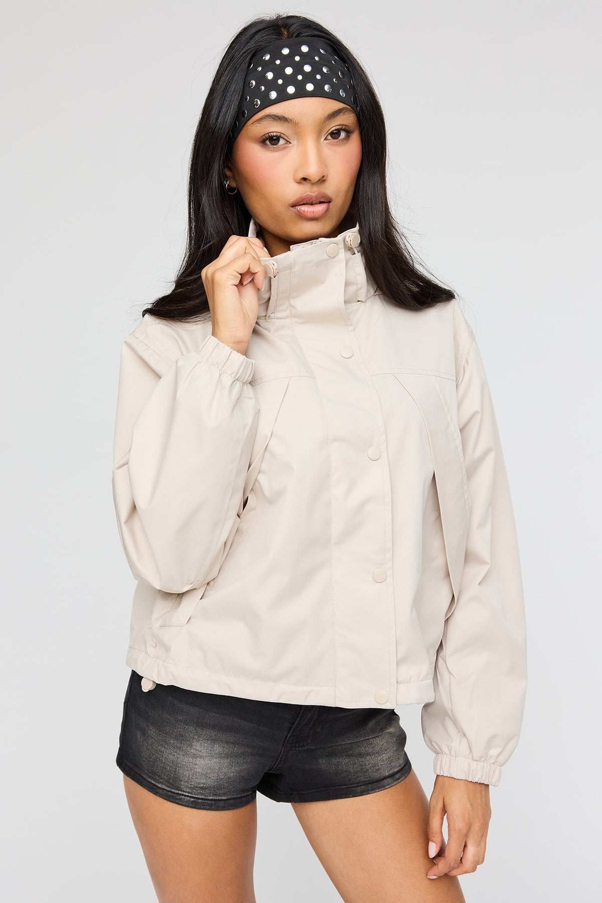 Alt View 4. High Neck Hooded Bomber Jacket - Tan