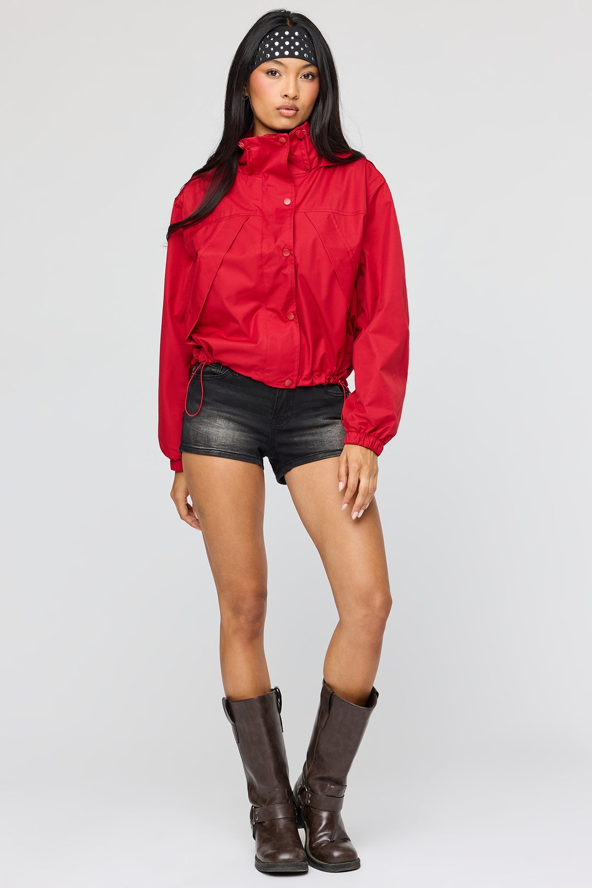 Alt View 3. High Neck Hooded Bomber Jacket - Red