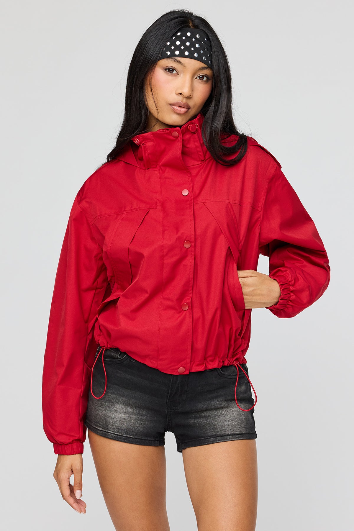 High Neck Hooded Bomber Jacket - Red