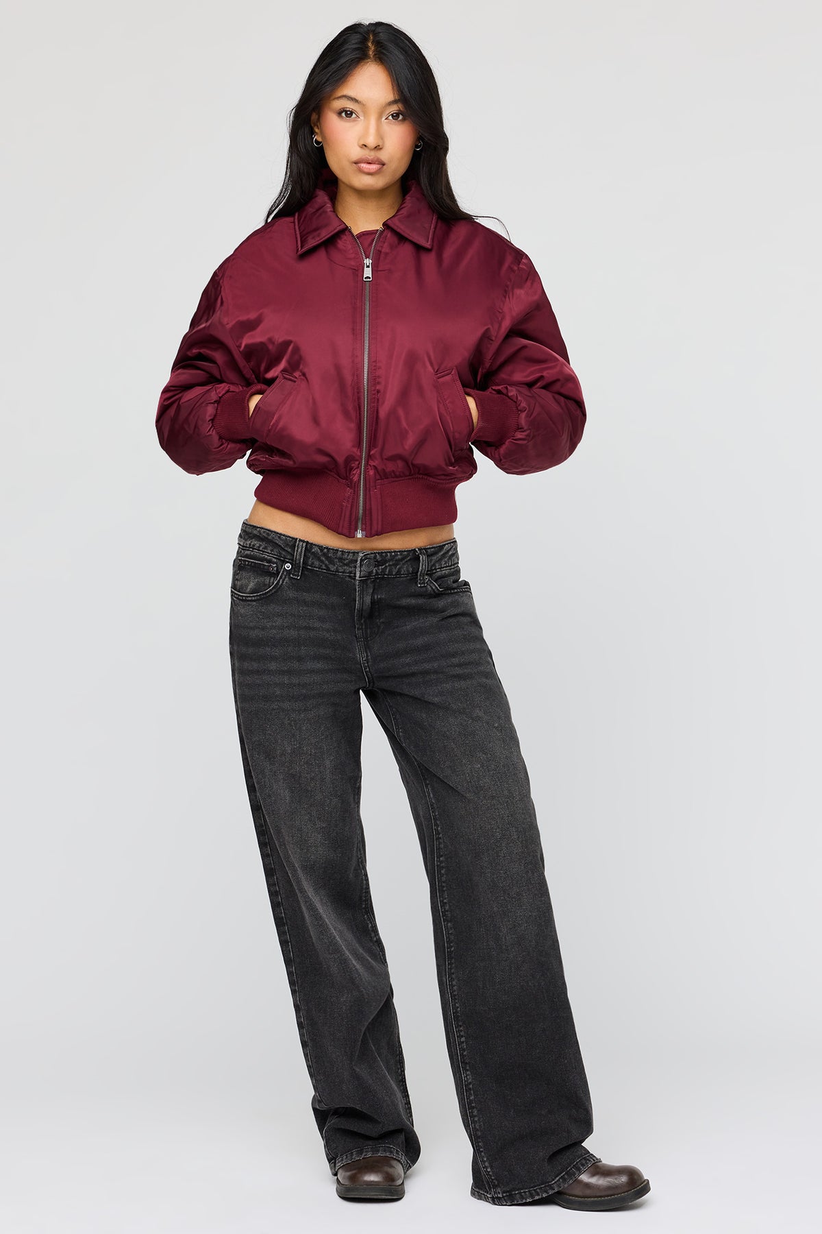 Alt View 3. Oversized Bomber Jacket - Burgundy
