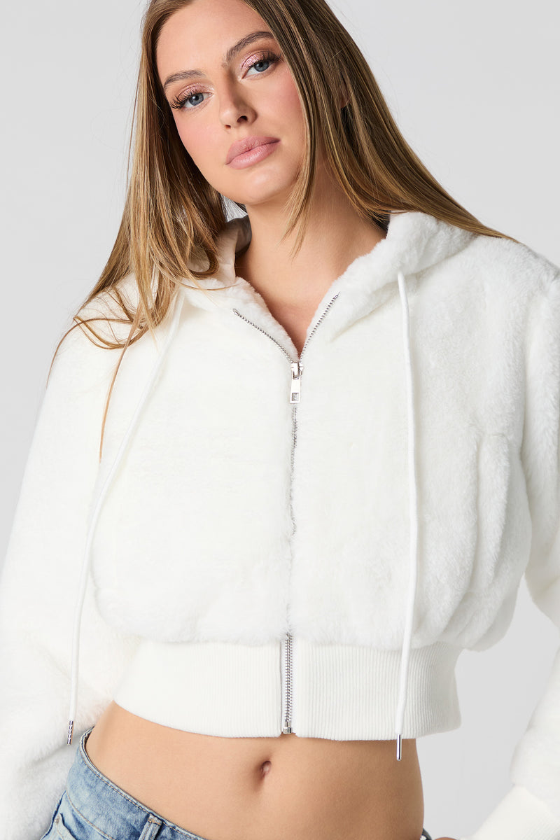 Faux-Fur Zip-Up Cropped Hooded Jacket
