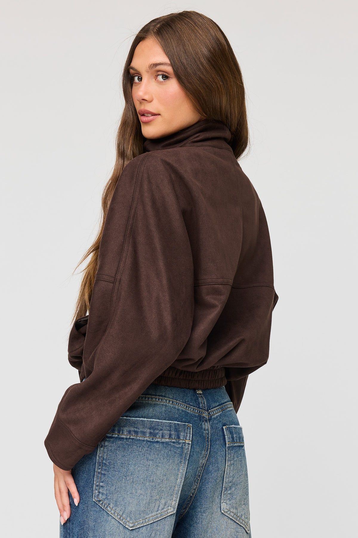 Alt View 2. Faux Suede Bomber Jacket - Dark Brown