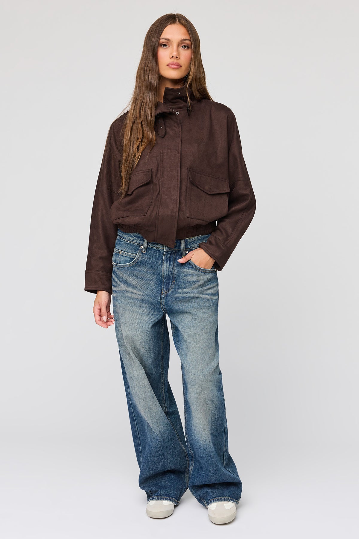 Alt View 3. Faux Suede Bomber Jacket - Dark Brown