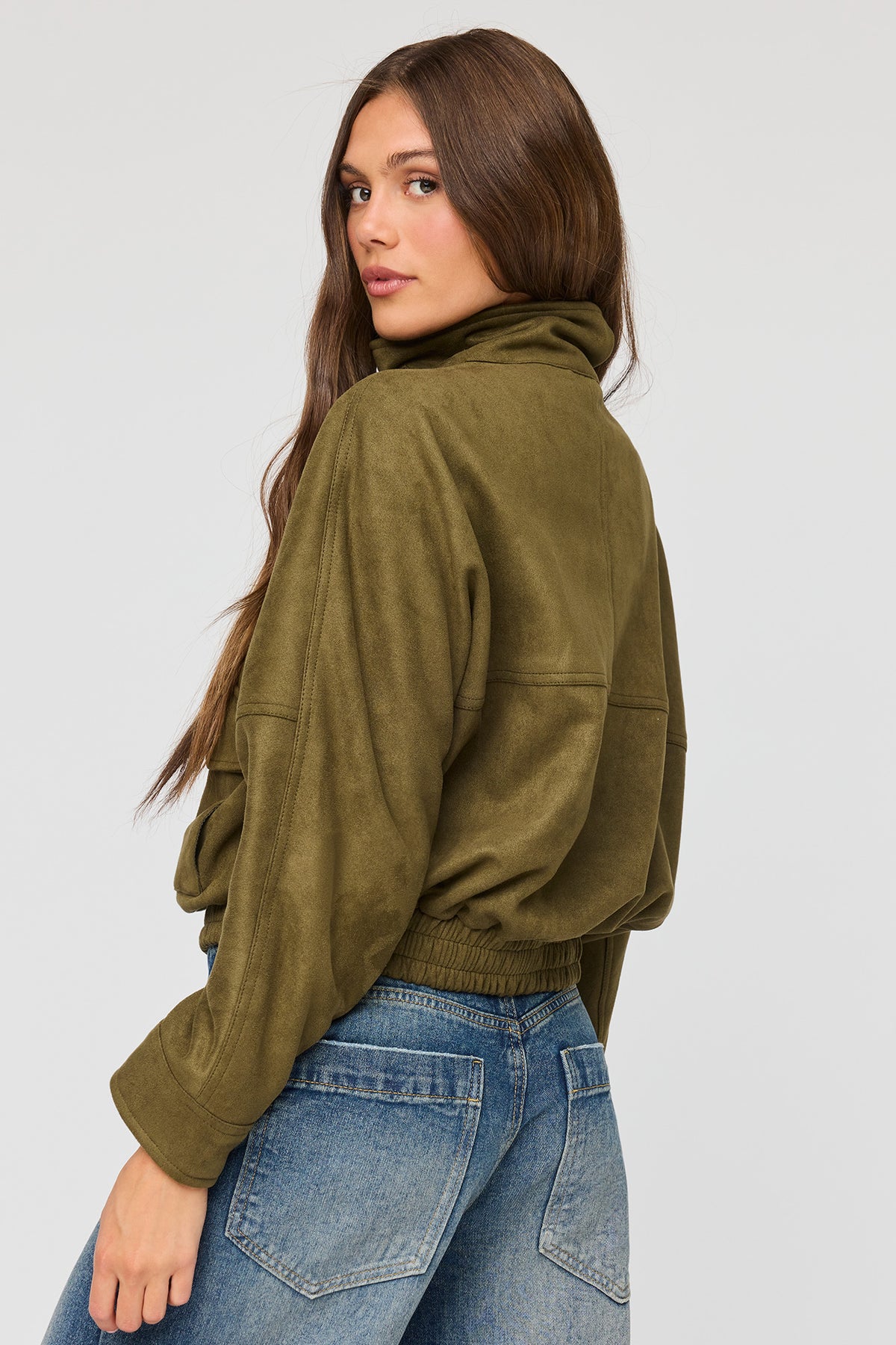 Alt View 2. Faux Suede Bomber Jacket - Dark Green