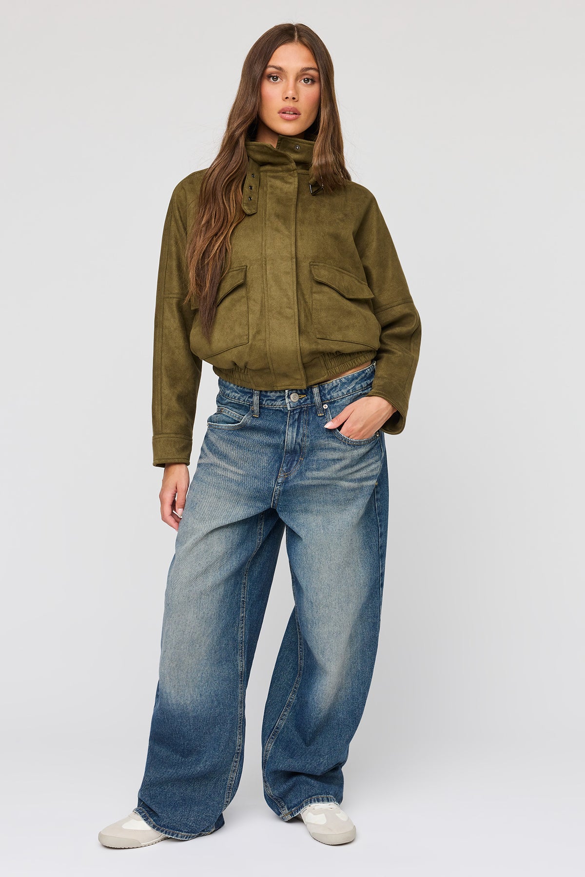 Alt View 3. Faux Suede Bomber Jacket - Dark Green