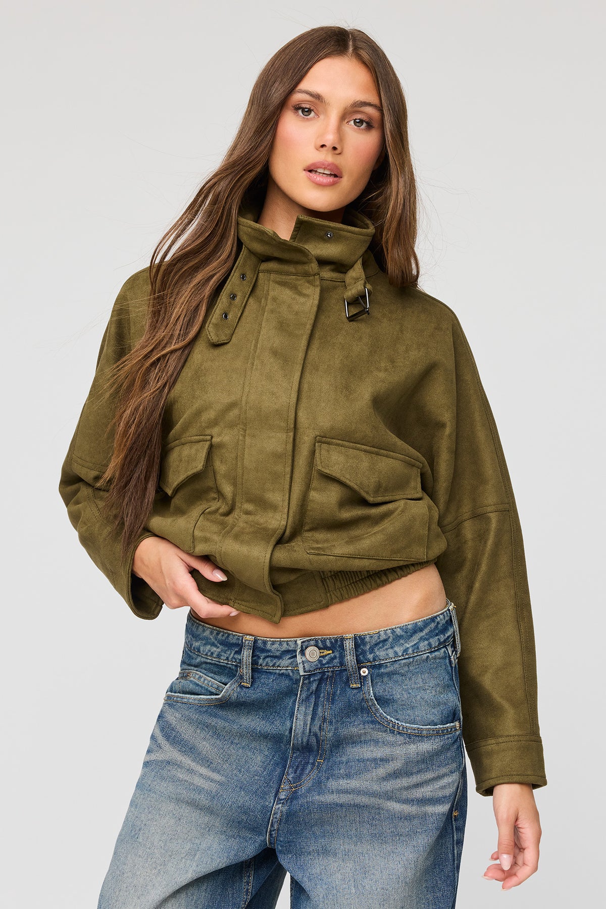 Alt View 4. Faux Suede Bomber Jacket - Dark Green