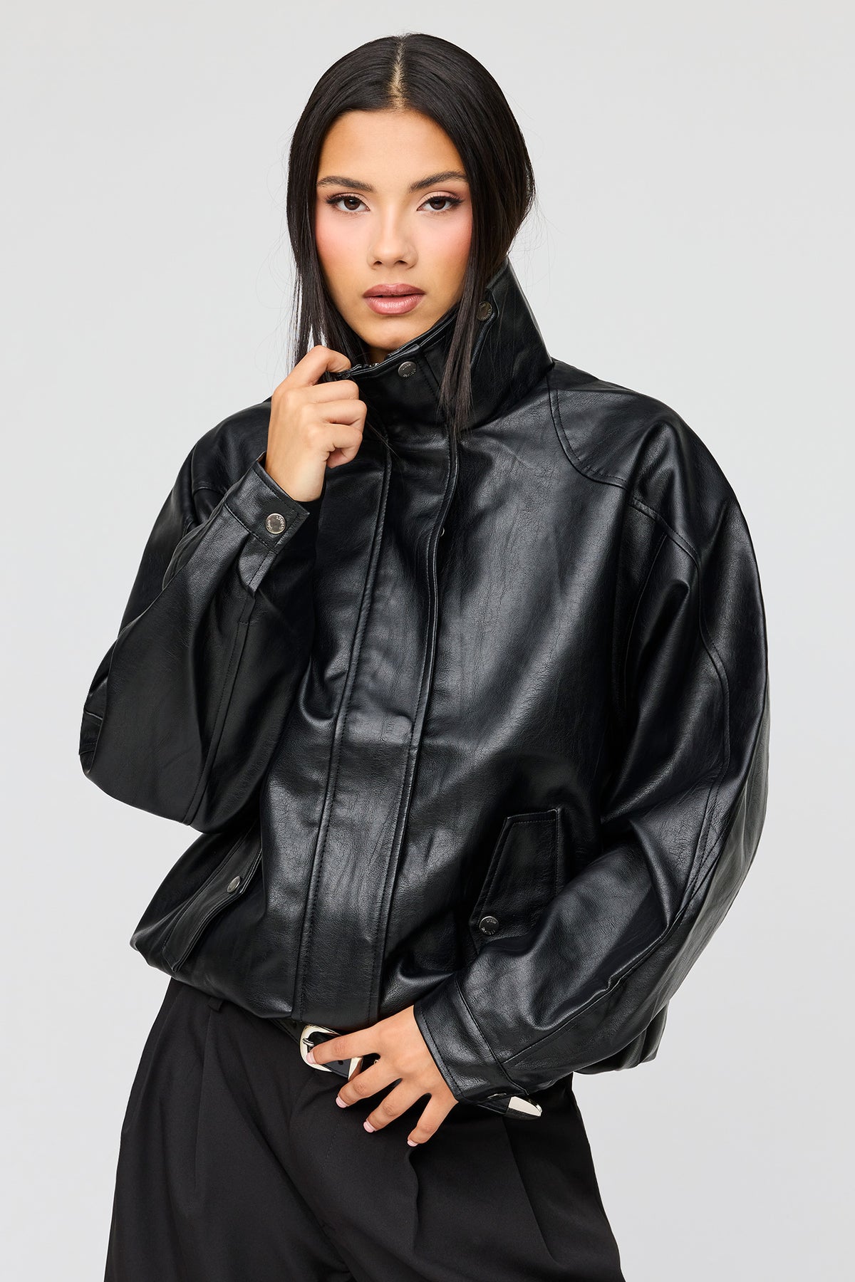 Faux Leather Oversized Bomber Jacket - Black