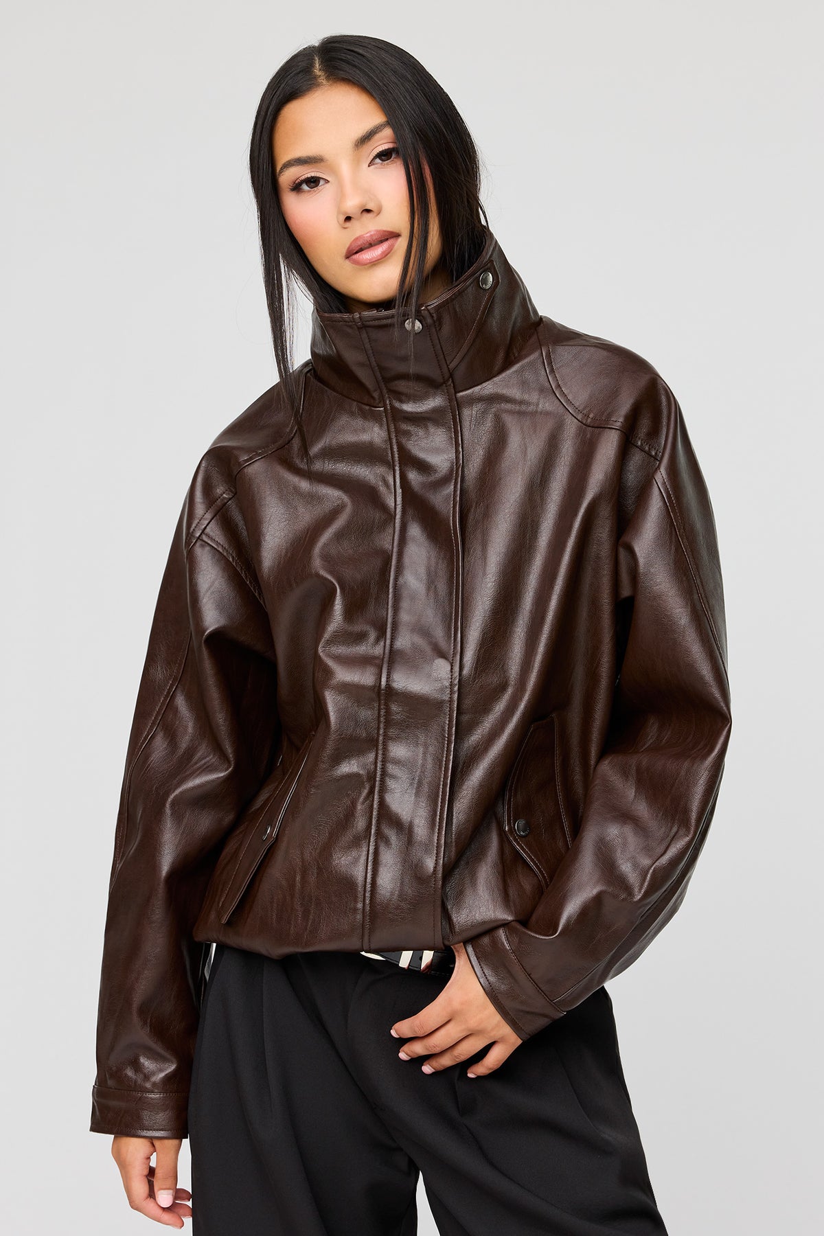 Faux Leather Oversized Bomber Jacket - Brown