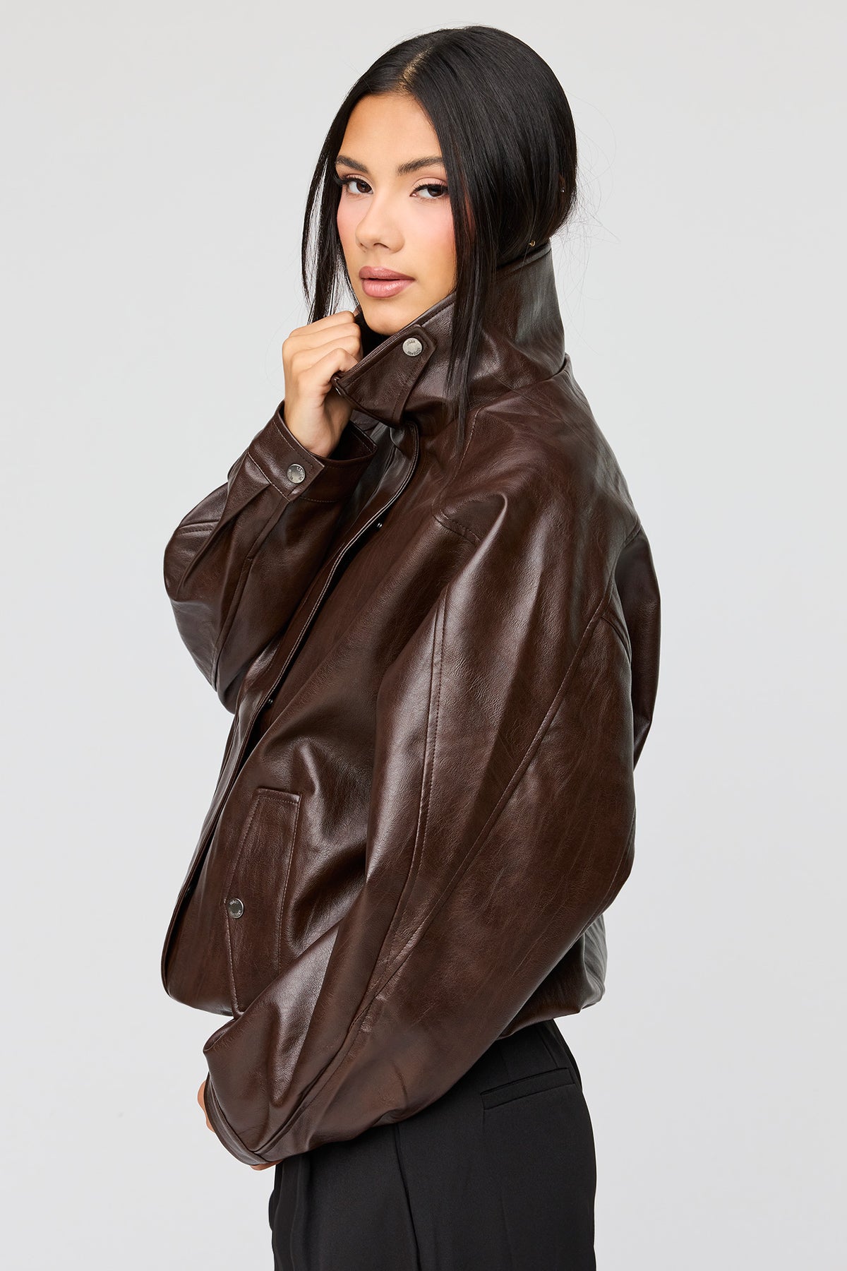 Alt View 2. Faux Leather Oversized Bomber Jacket - Brown
