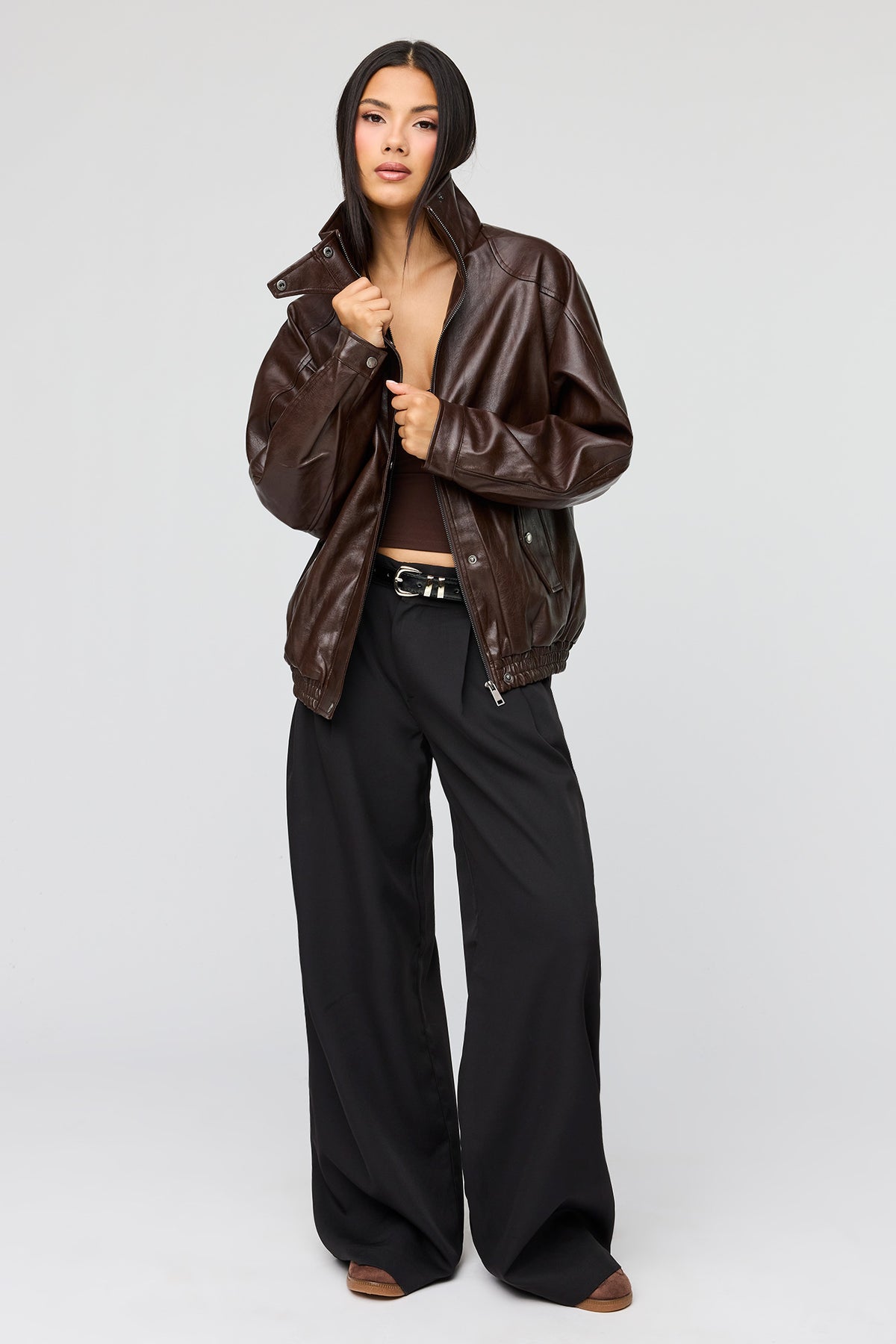 Alt View 3. Faux Leather Oversized Bomber Jacket - Brown