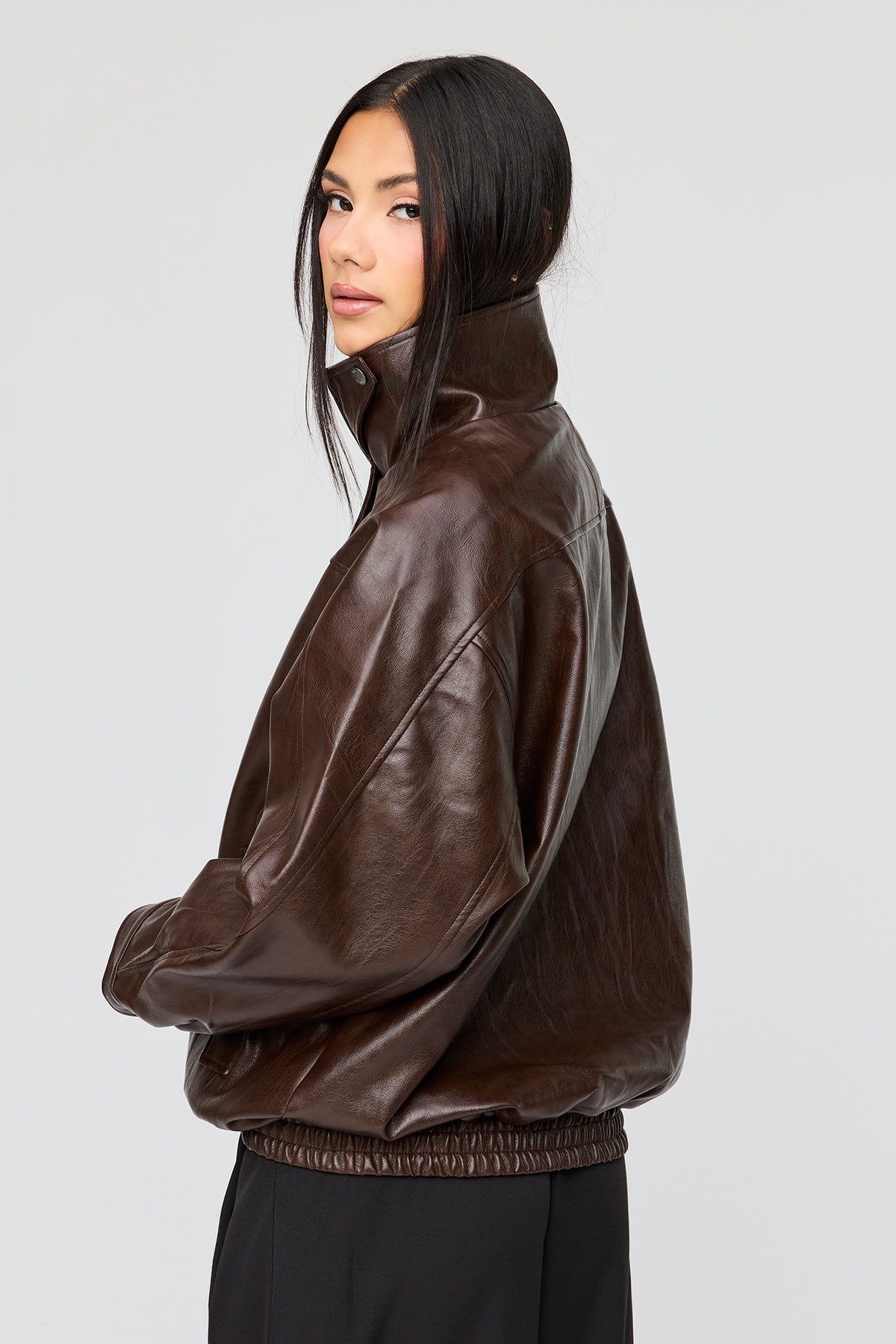 Alt View 4. Faux Leather Oversized Bomber Jacket - Brown