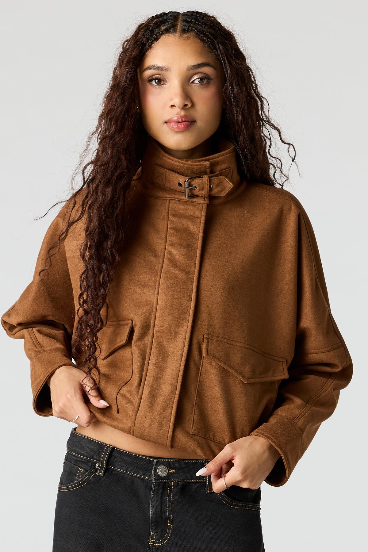 Faux Suede Bomber Jacket - Brown