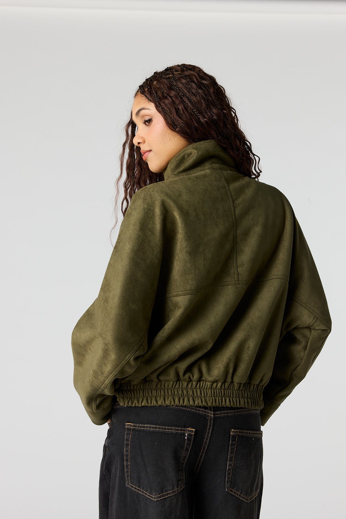 Alt View 2. Faux Suede Bomber Jacket - Dark Green