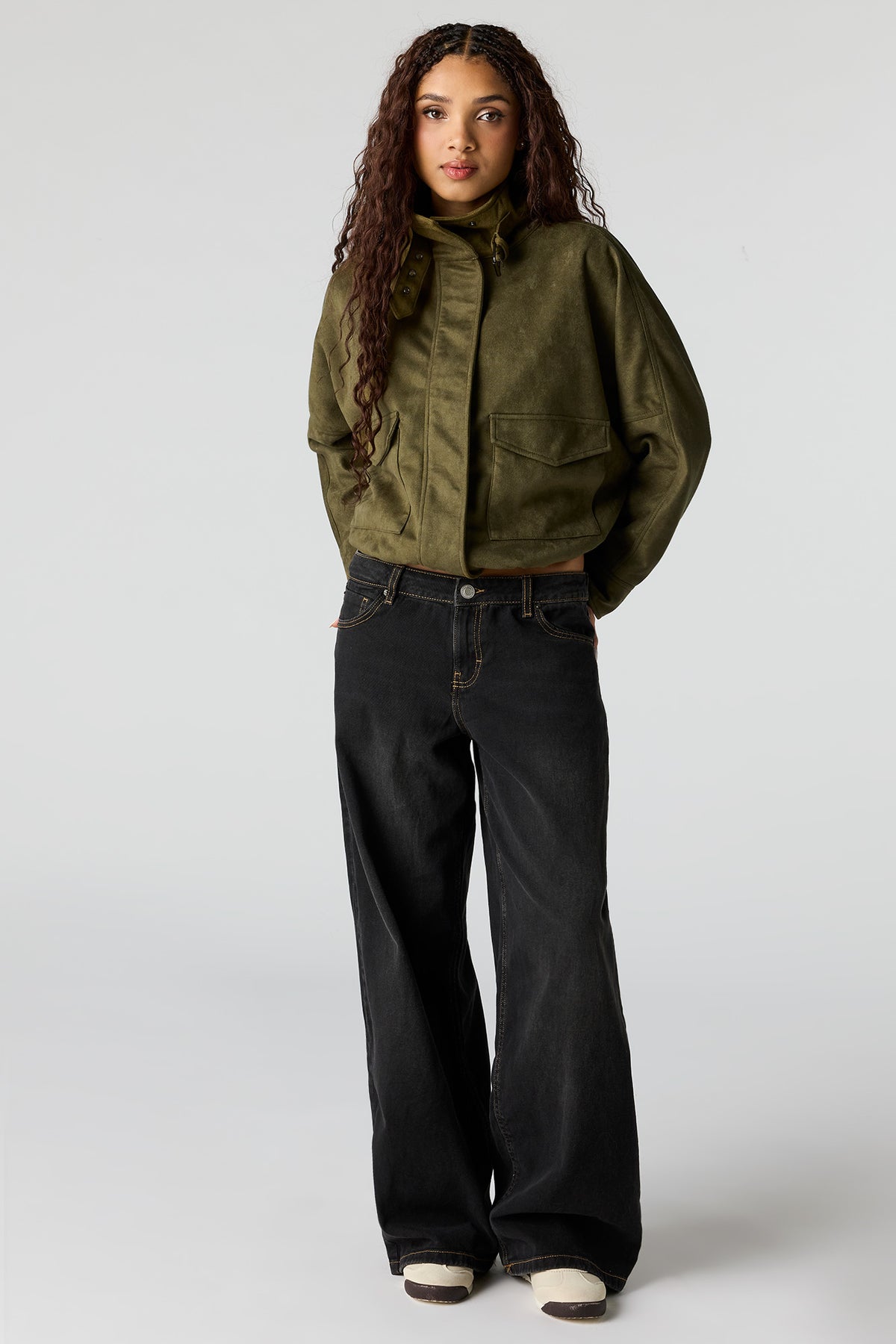 Alt View 3. Faux Suede Bomber Jacket - Dark Green