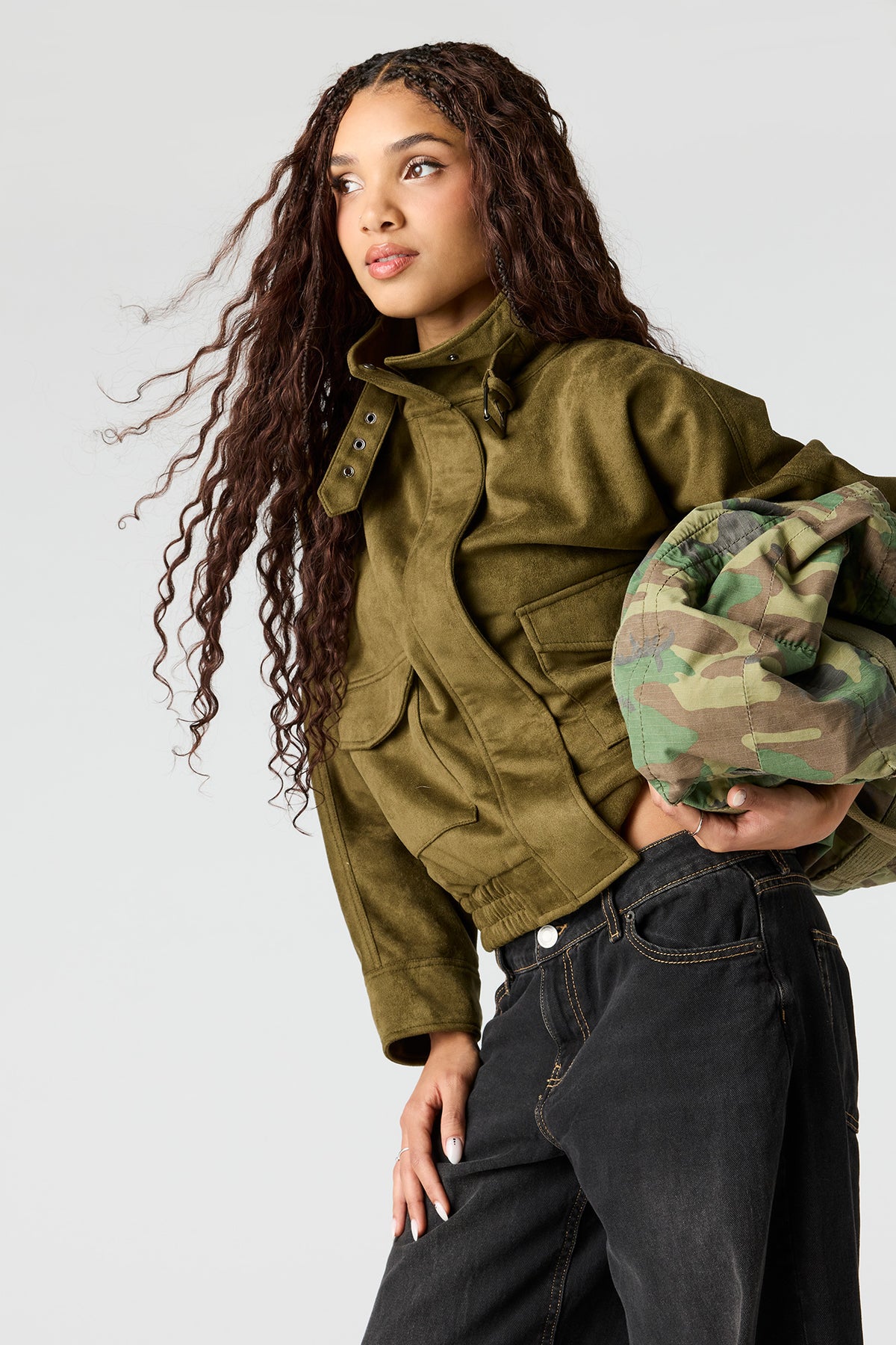 Alt View 4. Faux Suede Bomber Jacket - Dark Green