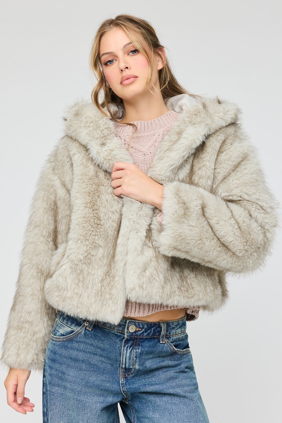 Faux Fur Hooded Jacket - Oatmeal