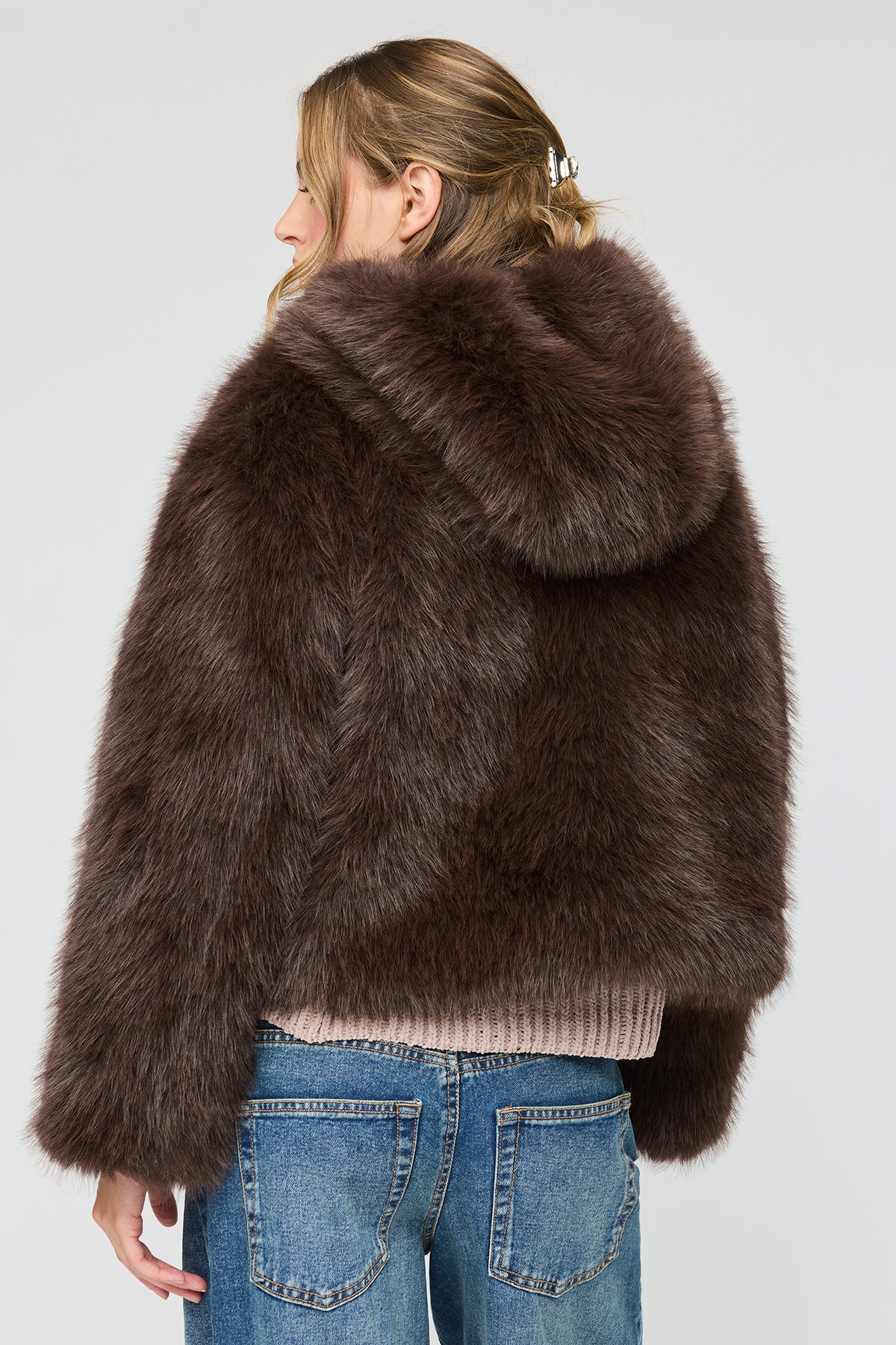 Alt View 2. Faux Fur Hooded Jacket - Dark Brown