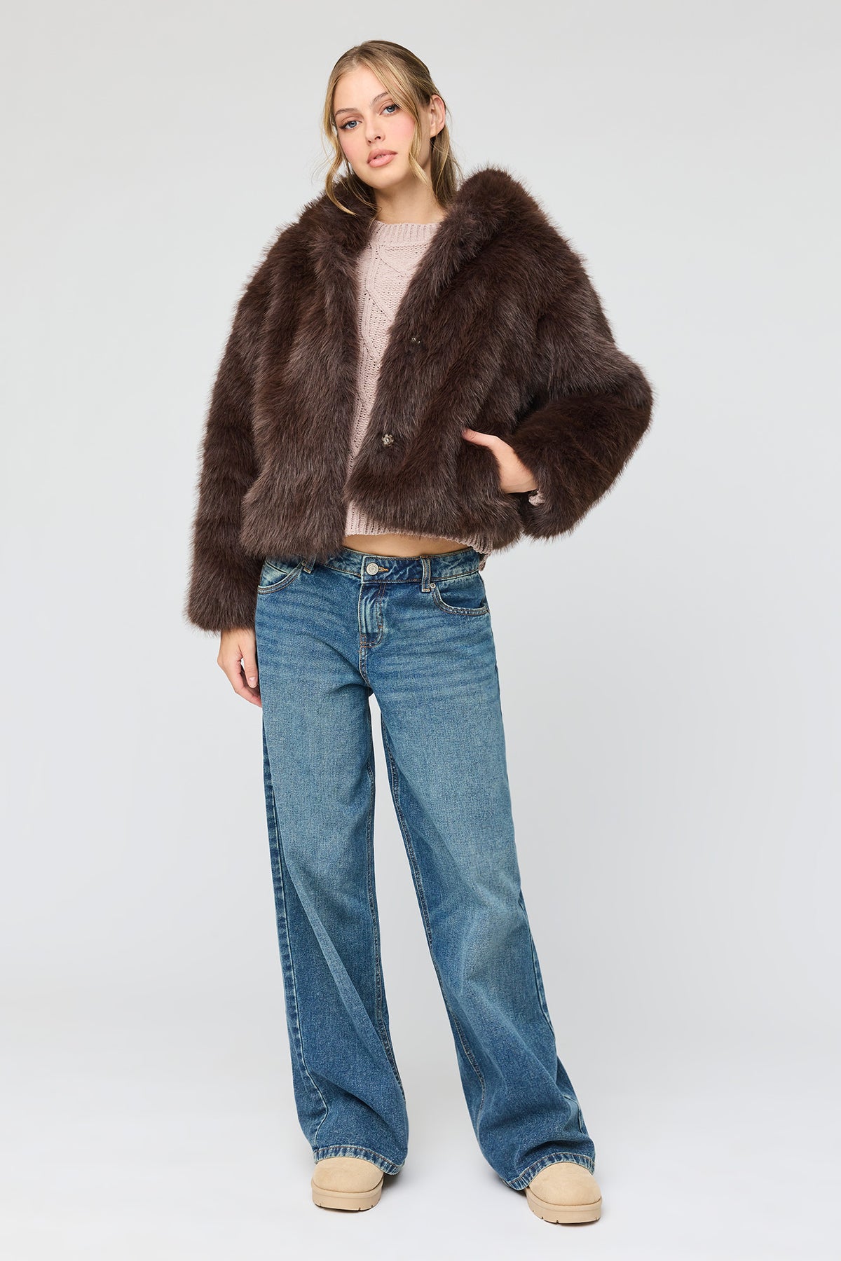 Alt View 3. Faux Fur Hooded Jacket - Dark Brown