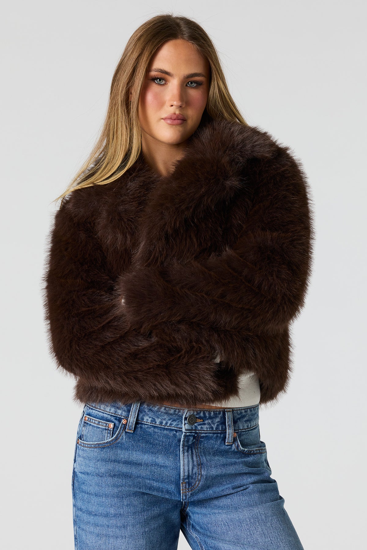 Faux Fur Collared Jacket - Dark Brown