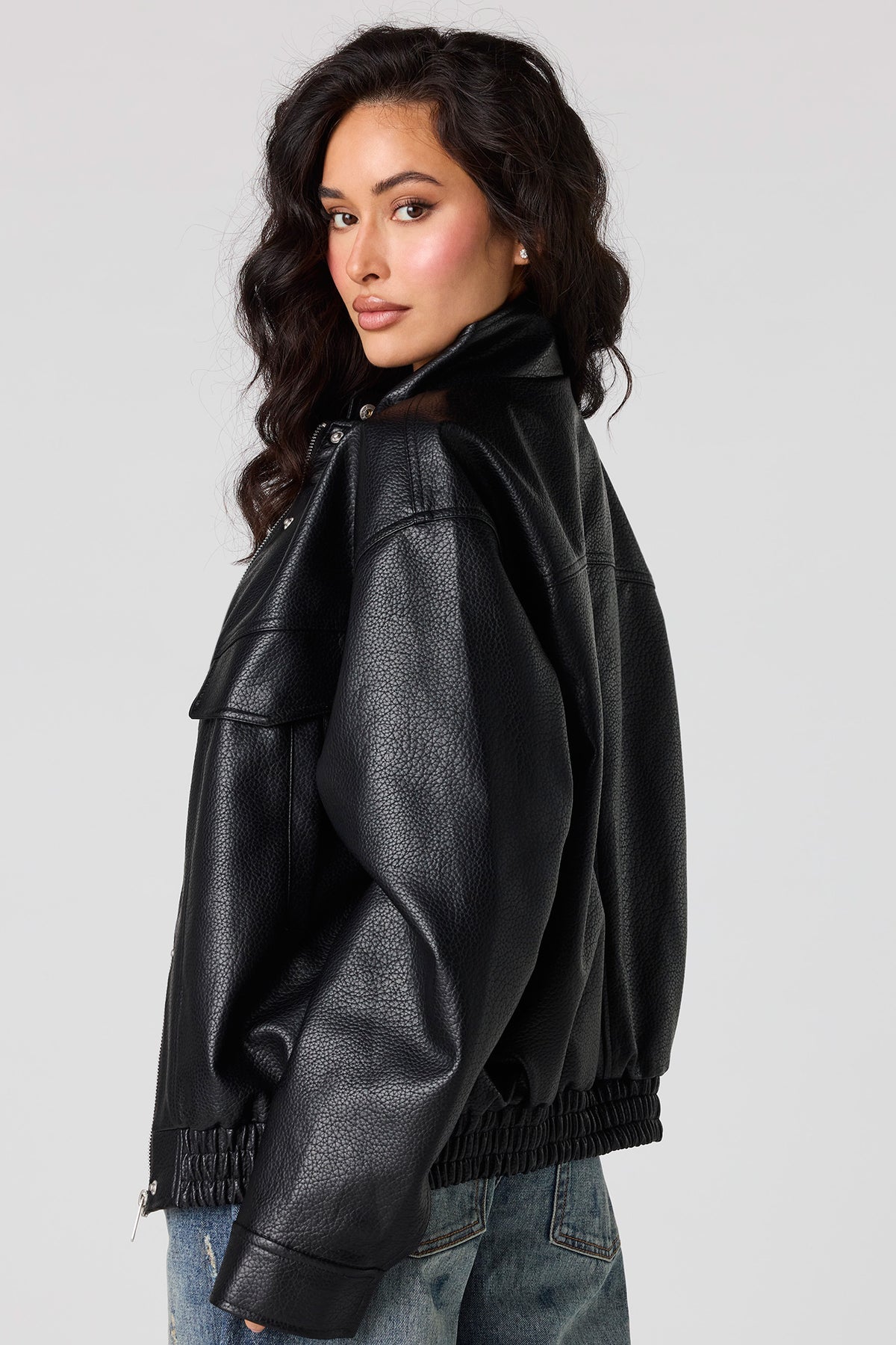 Alt View 2. Faux Leather Oversized Bomber Jacket - Black
