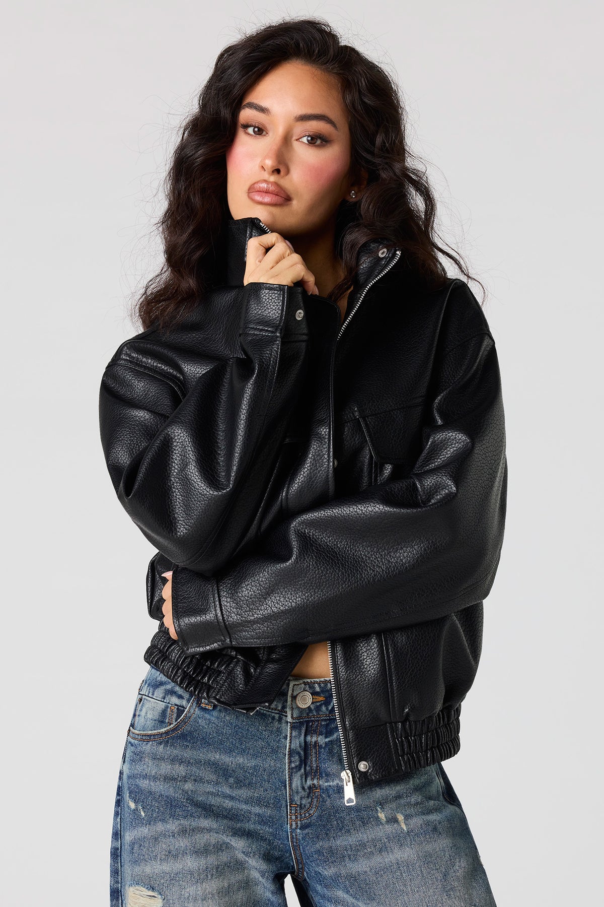 Faux Leather Oversized Bomber Jacket - Black