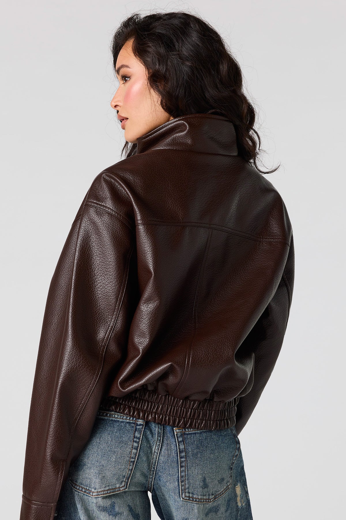 Alt View 2. Faux Leather Oversized Bomber Jacket - Brown