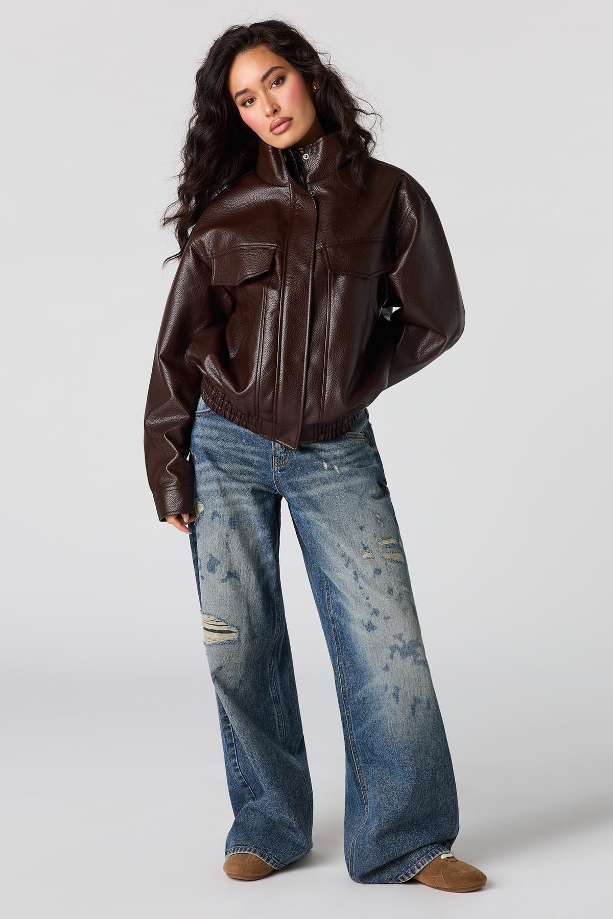 Alt View 3. Faux Leather Oversized Bomber Jacket - Brown